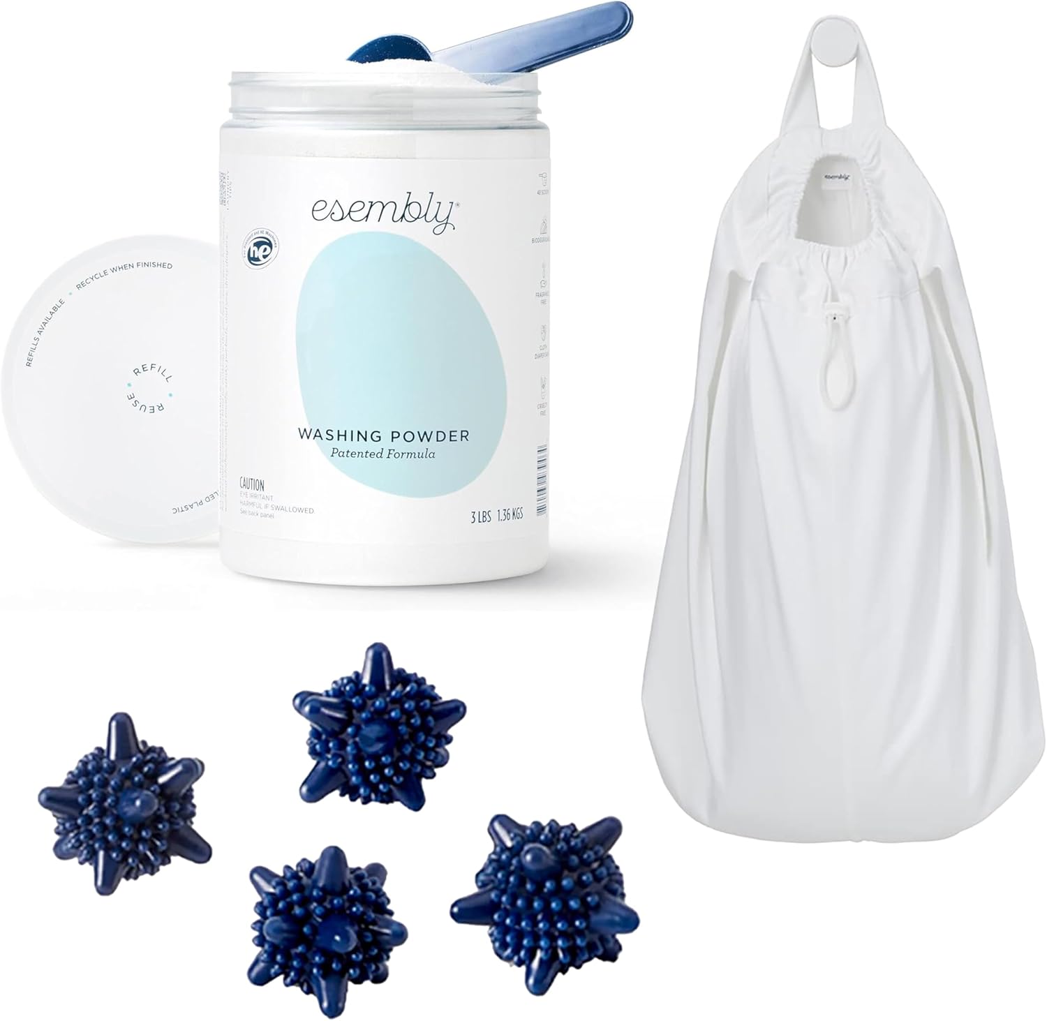 Esembly Laundry Essentials Bundle | Laundry Detergent Canister, Agitators (4-Pack), and Pail Pouch (Sea Salt)