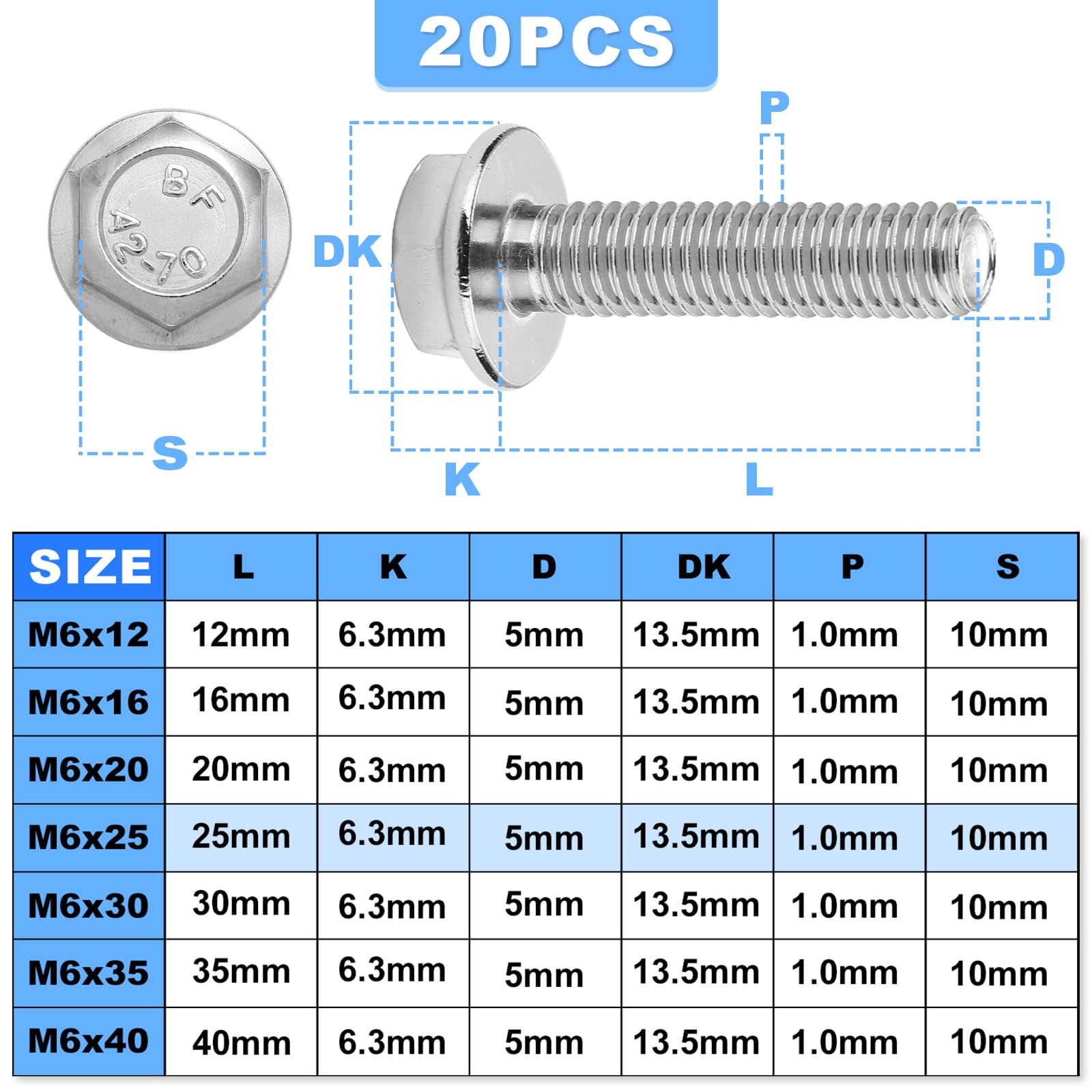 TXXATX 20 Pcs M6 Bolt M6x25mm Bolt 304 Stainless Steel Bolts Hex Screws Flanged Hex Head Bolts Anti-Loosening for DIY Machine Tools Households Furniture Assembly - Image 2