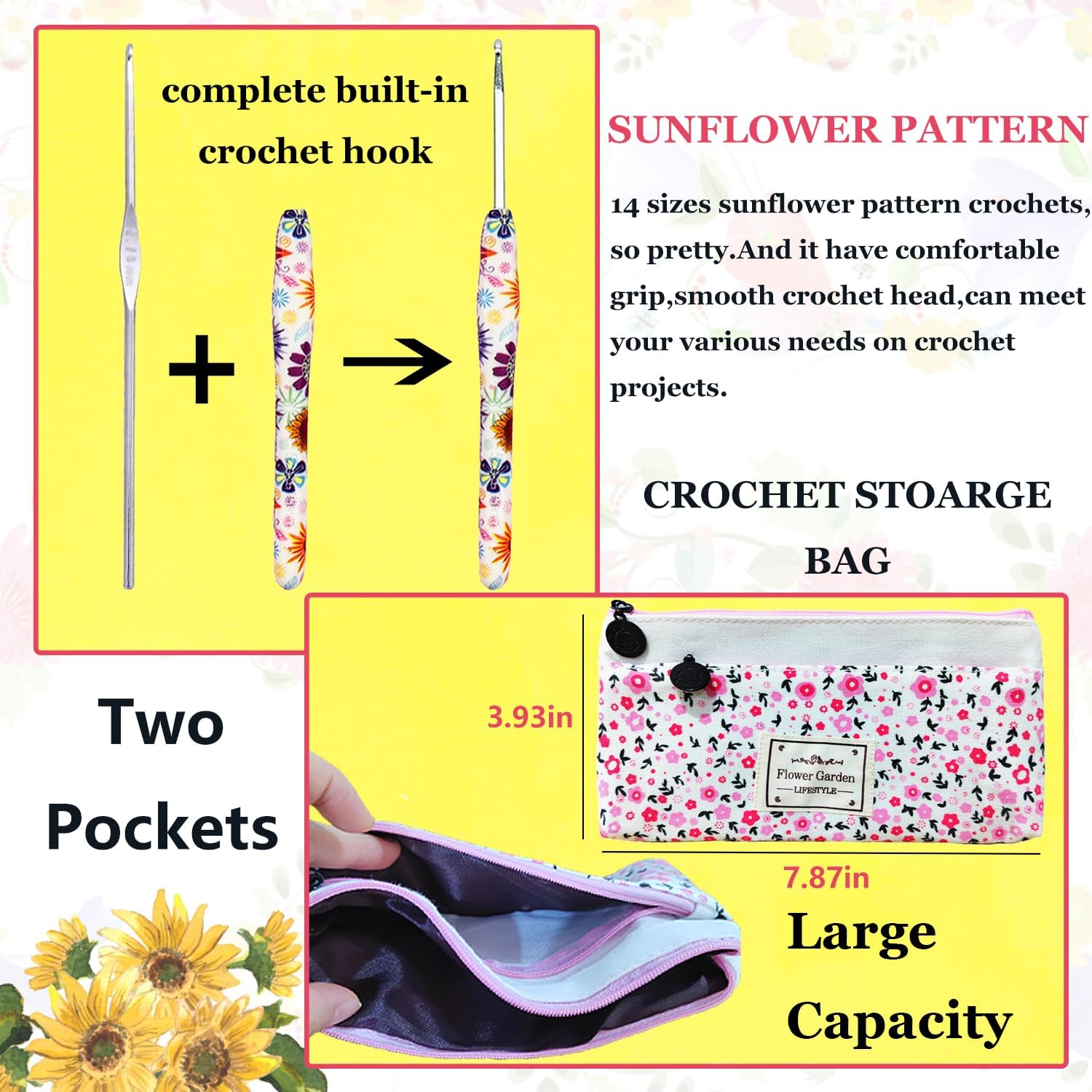14 Sizes Crochet Hooks Set,2.25mm(B)-10mm(N) Ergonomic Handle Crochet Hook for Arthritic Hands,Long Crochet Needles Set with Case for Beginners and Enthusiasts