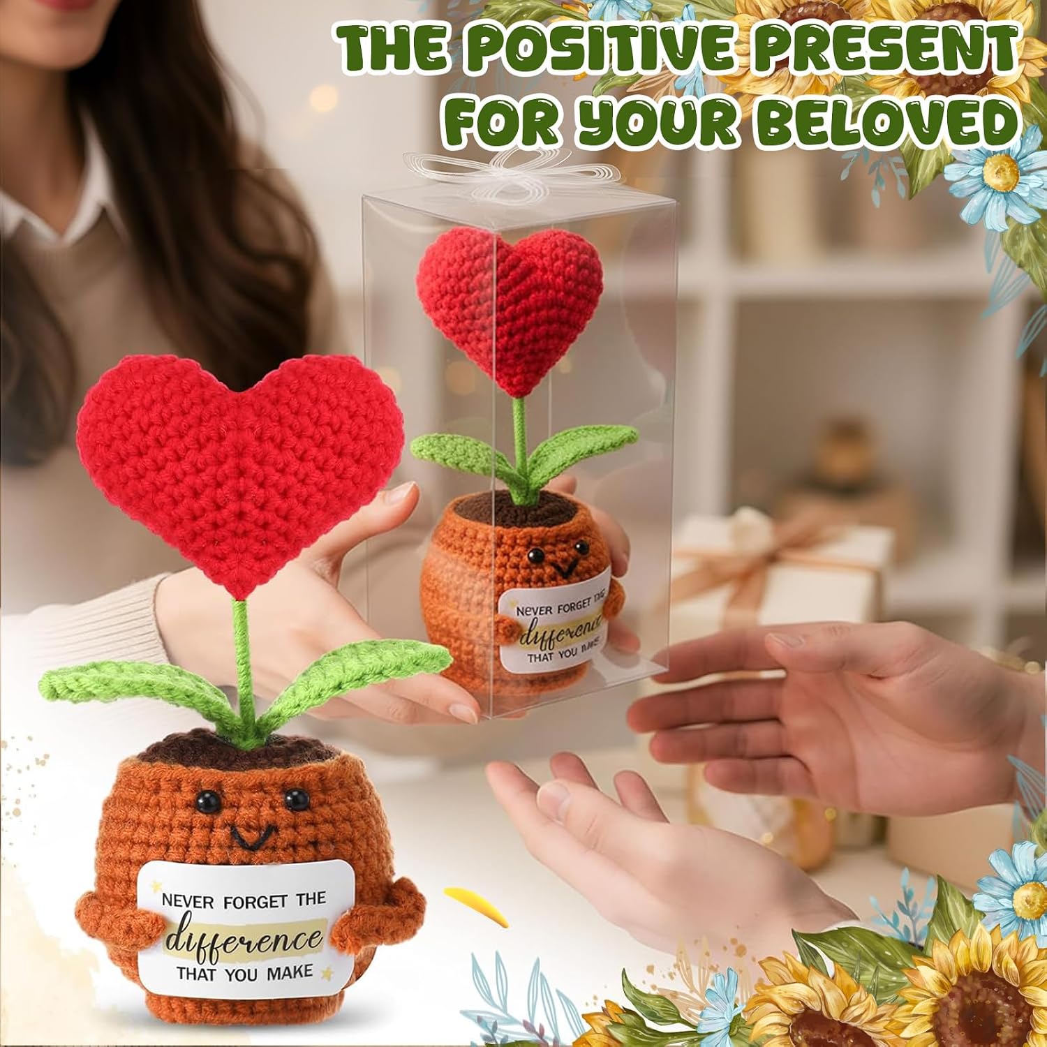 Suncalla 8 Pcs Crochet Sunflowers Bulk Heart Rose Employee Appreciation Gift with 8 Gift Box Positive Handmade Crochet with Card Emotional Encouragement Plant Gifts for Christmas Teacher Staff Women