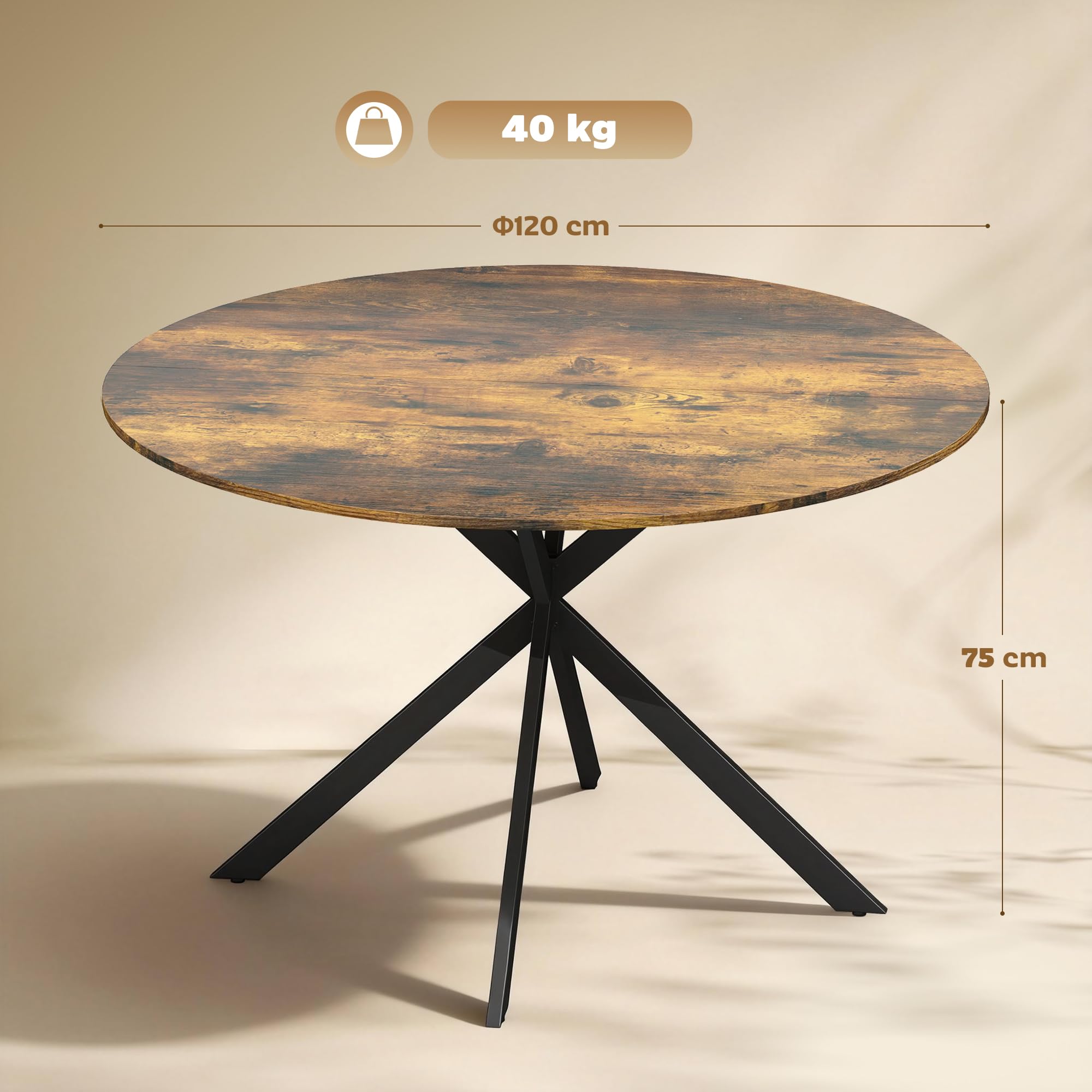 HOMCOM Table à Manger Industrielle pour 4, Ø 120 cm, Brun Rustique