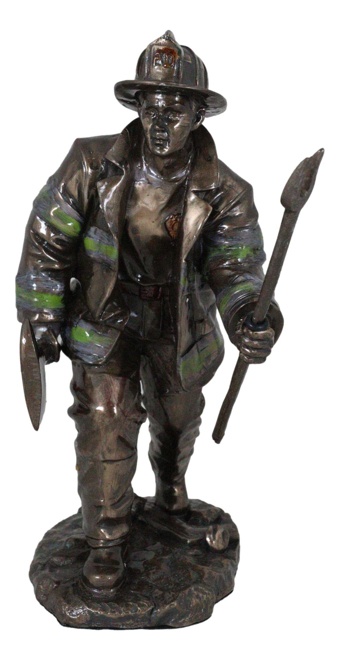 Faux Bronze Resin Fighter Fireman with Fire Axe and Fork Statue 7.25" Tall in The Line of Duty Fire Rescue Figurine Emergency 911 Hero Memorabilia Sculpture