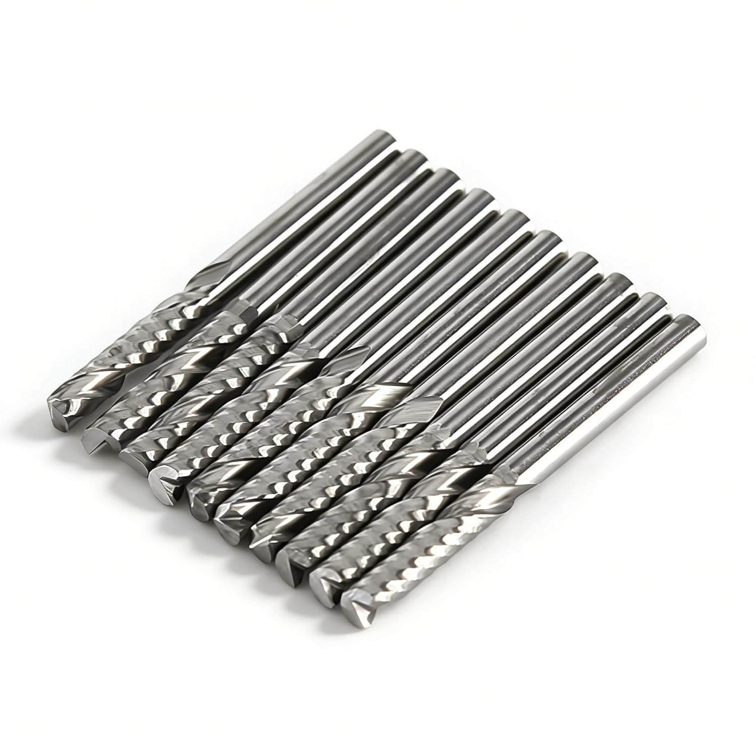 End Mill Bits 10 Pcs 1/8” Shank Single Flute End Mills Drill Bit Tool Tungsten Carbide CNC Router Milling Bits for Wood Aluminum Steel PCB PVC Circuit Boards Acrylic Carbon Fiber