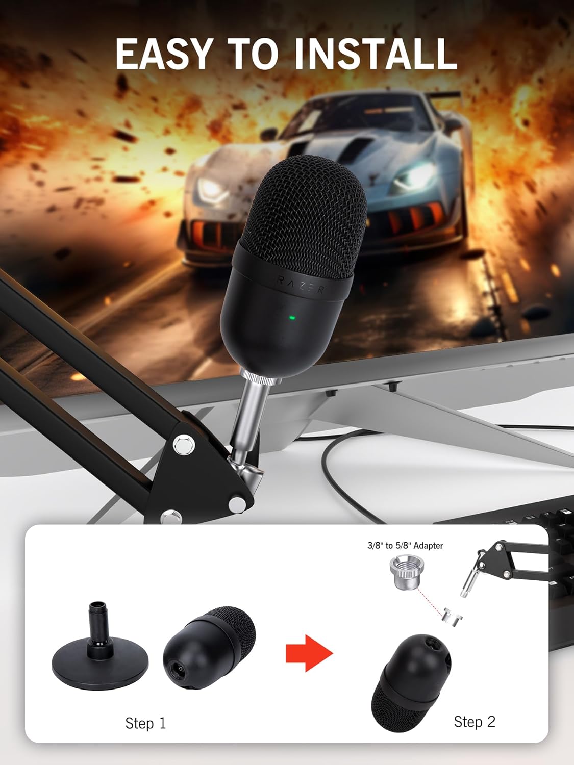 Seiren V3 Mini Boom Arm - Mic Arm for Razer Mini, Seiren V2, Seiren X and Most Microphone, Adjustable Boom Scissor Arm Stand with 3/8" to 5/8" Adapter by SUNMON