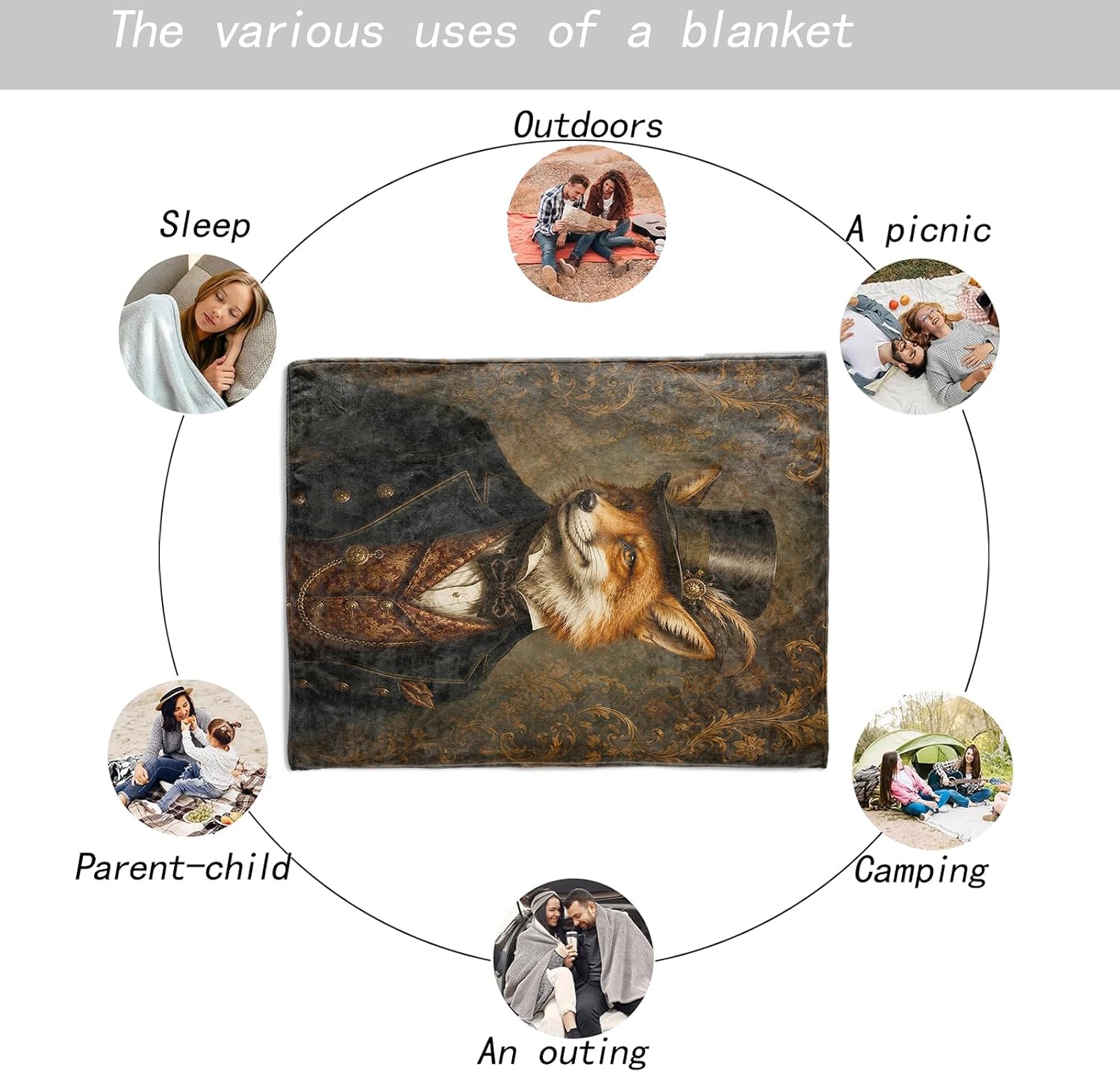 Fox Blanket Soft Lightweight, Victorian Gentleman Animal Portrait Flannel Throw Blankets for Couch Sofa Camping Office Travel Home Bedroom Decor, Fox Lovers Men Gifts 50"X60" image 5