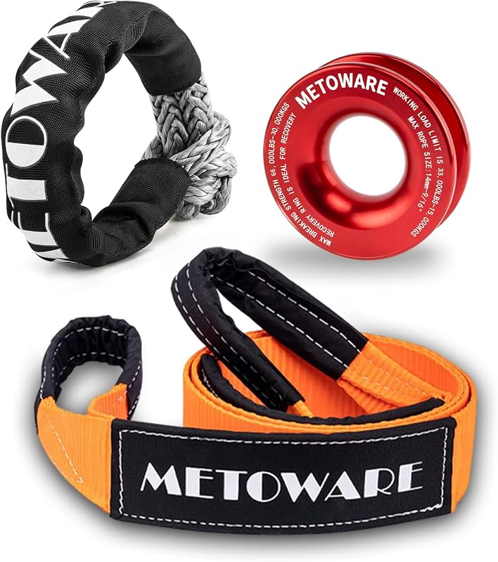 Snatch Block Ring Winch Pulley with 1/2'' Soft Shackle | 3" X 8' Tree Saver Strap, Recovery Kit, Off-Road Sailing, UTV, ATV, Truck