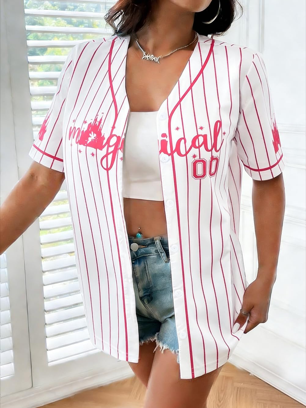 Women Magical Kingdom Jersey Shirt - V Neck Magic Castle Button Up Hawaiian Summer Vacation Trip Outfits - Image 2