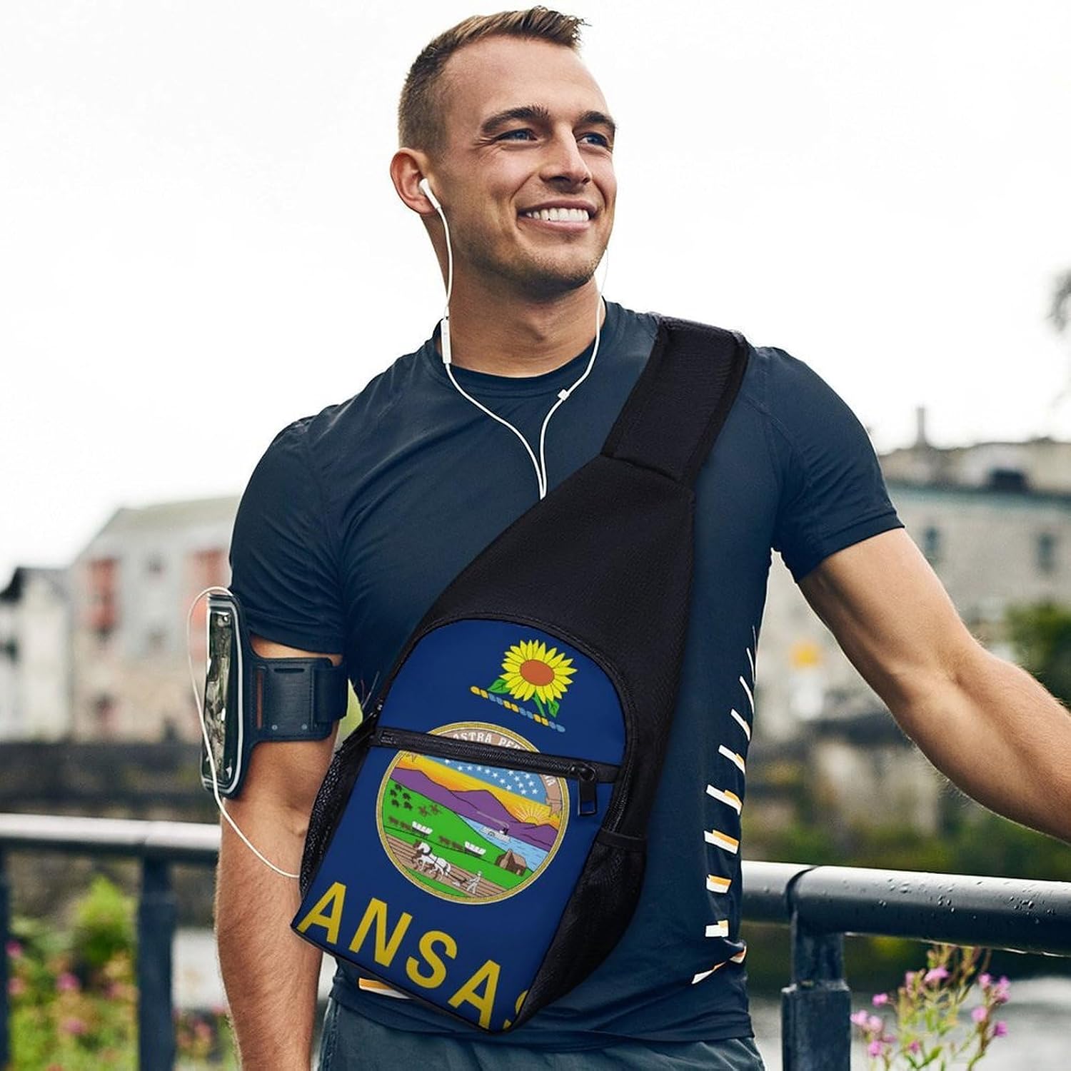 Flag of Kansas U.S.A. Crossbody Sling Backpack Chest Bag Daypack | unisex,trendy,with convertible and detachable shoulder strap,side pockets