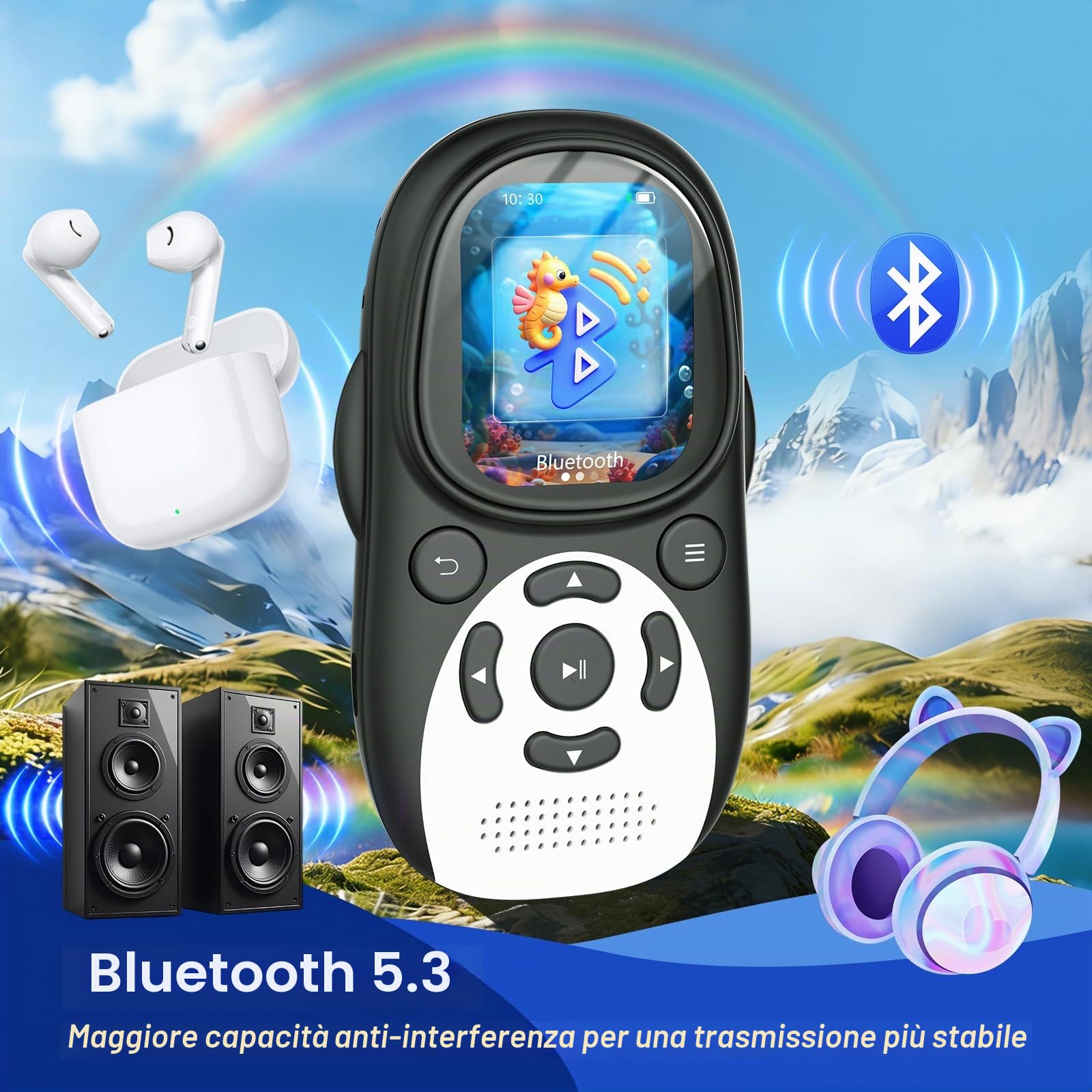 64GB Lettore MP3 Bluetooth 5.3 per Bambini, Design Pinguino con Schermo IPS 2'' & Interfaccia Sottomarina, Altoparlante Integrato, Radio FM,Batteria 750mAh, Regalo per Bambini, Espandibile 128GB