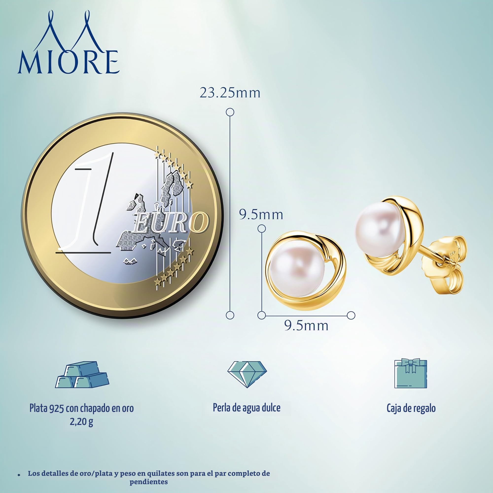 Miore Pendientes Mujer de Plata, Chapados en Oro/Plata Sterling 925, Con cierre a presión, Perlas de Agua Dulce 6 mm, Pendientes redondos 9,5 mm, Joyería para Mujer, Se entrega en Estuche para joyas
