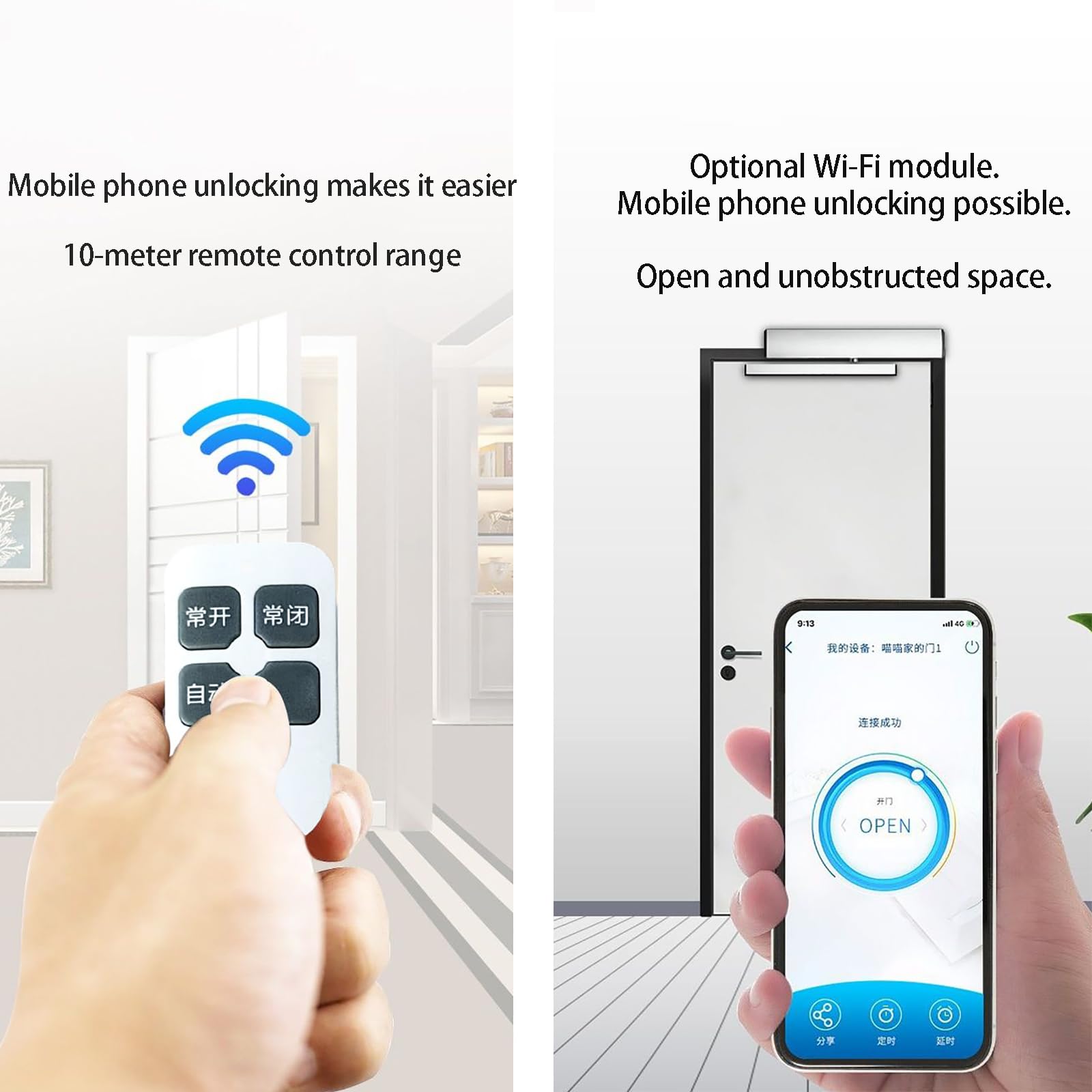 Abre/cierrapuertas Automático, Con Control Remoto (alcance De 10 M) Y WiFi, Empuje De 200 N, Ángulo De Apertura: 90°, 2 Modos: Apertura Hacia Adentro/Apertura Hacia Afuera,A