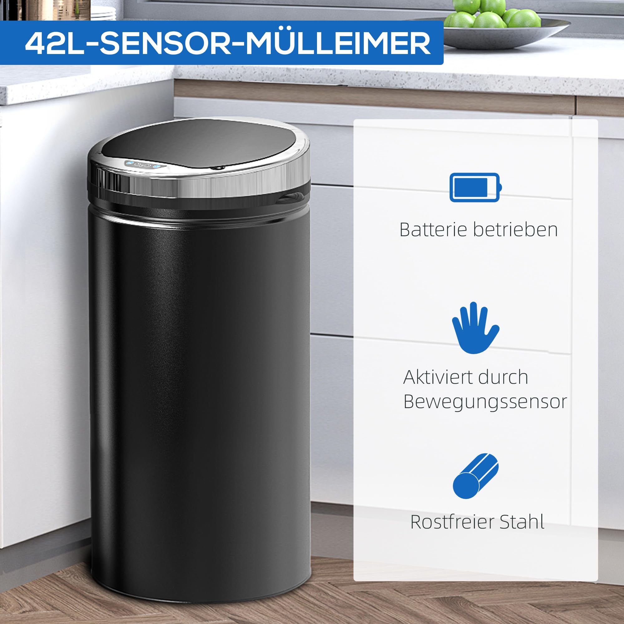 HOMCOM Sensor Mülleimer 42L mit Inneneimer für Küchen Büro Schwarz | Automatischer Mülleimer, Abfalleimer, Bewegungssensor, Abfallbehälter, Müllbehälter, Schlafzimmer