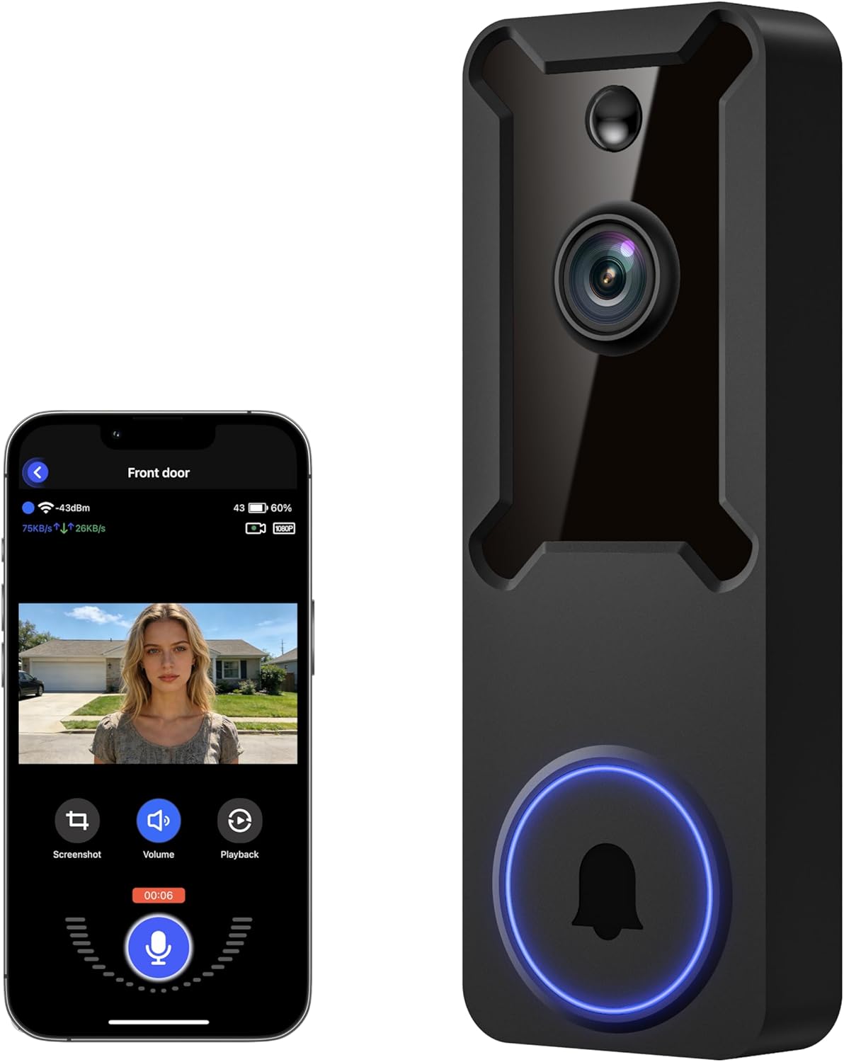 SiloPosh 1080p Wireless WiFi Video Doorbell Camera: AI Human Detection, Night Vision, 2-Way Audio, Battery Powered, Cloud Storage