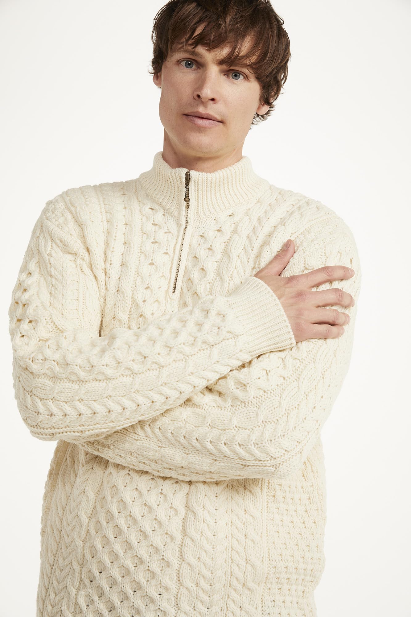 Maglione con Mezza Zip Irlandese Aran in Lana Merino da Uomo