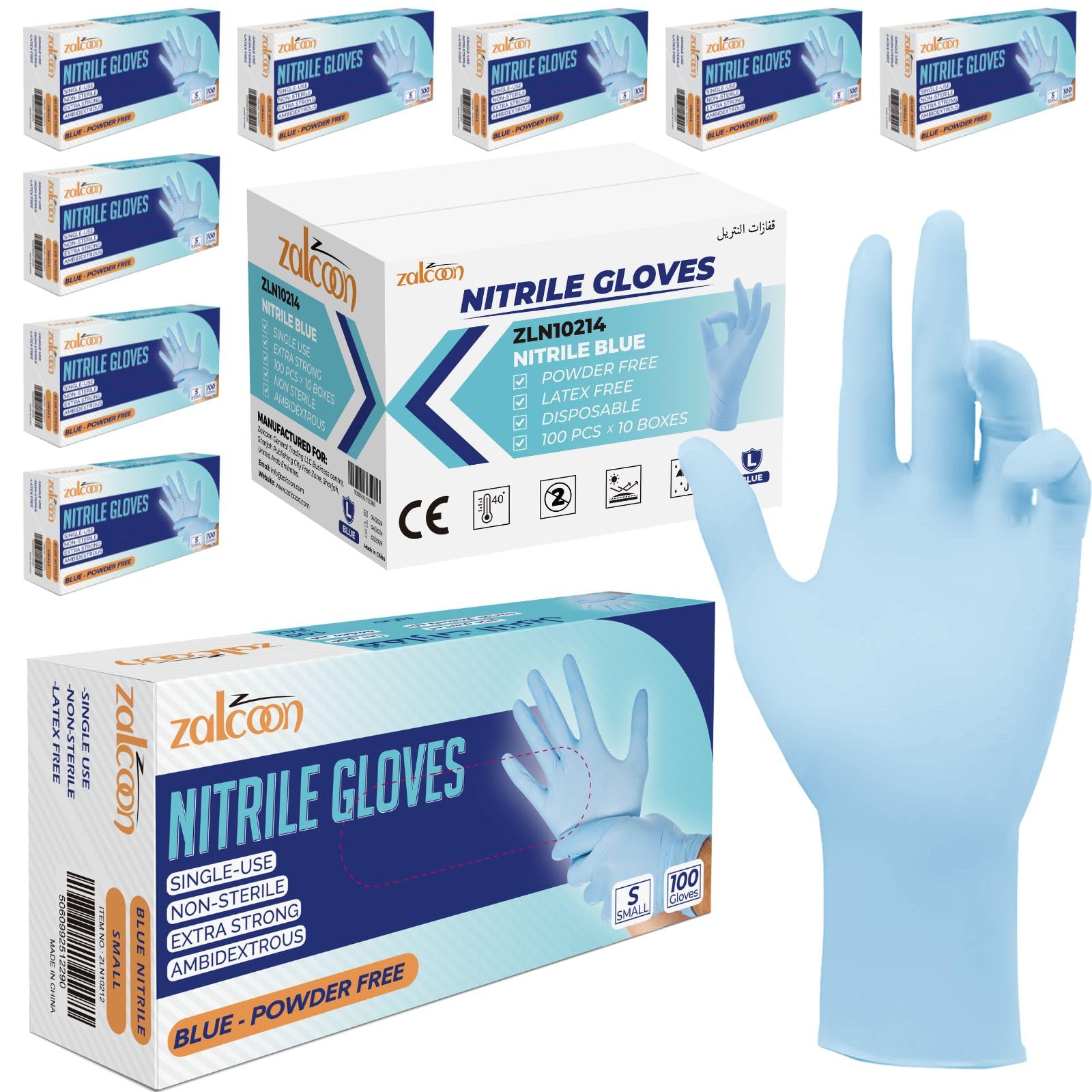 ZALCOON Nitrile Exam gloves disposable latex free Powder Free Chemical Resistance Disposable Gloves for Medical Exam, Home, Cleaning, Food Prep, Food safe and Non-Sterile (10 Pack x 100 Pieces)