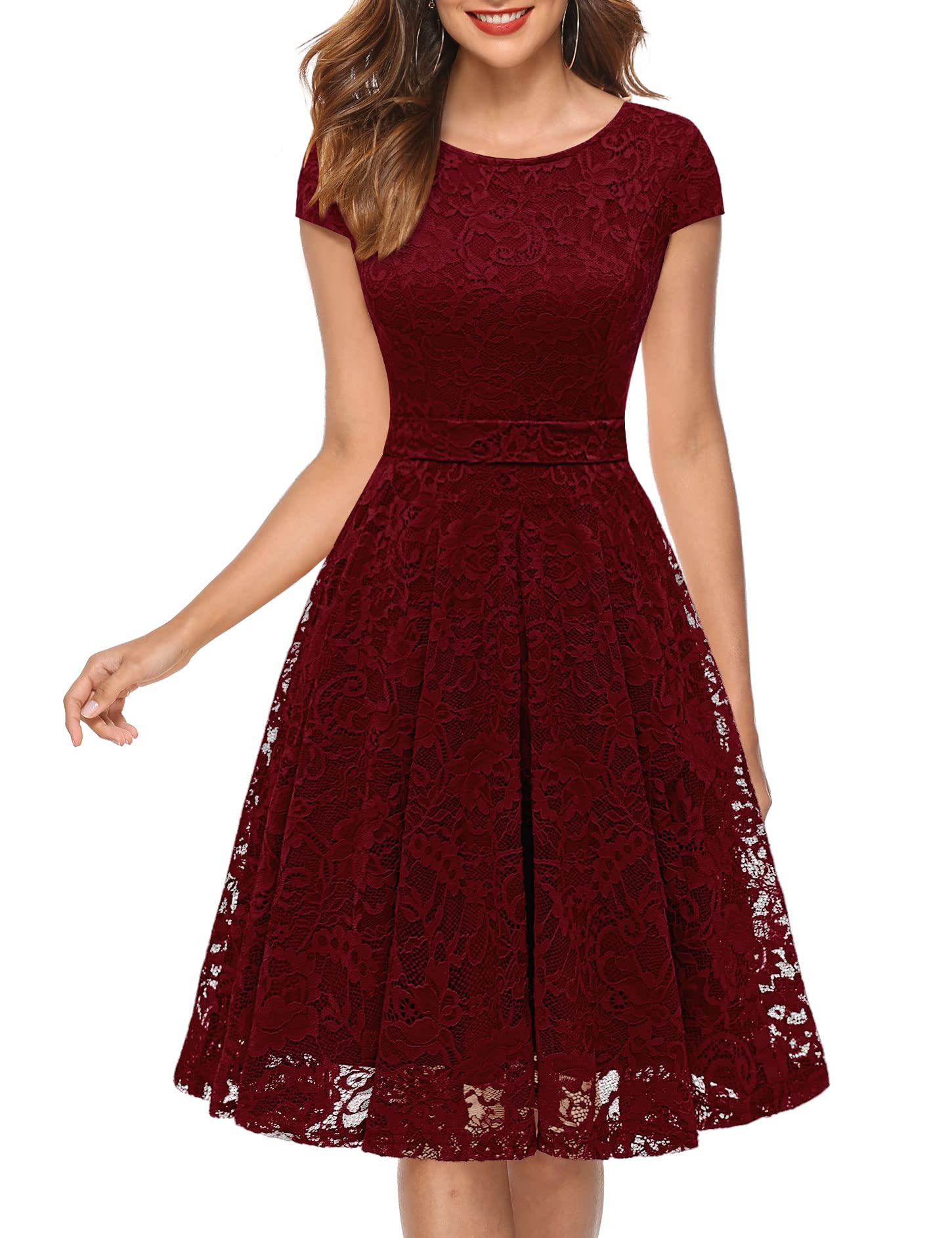 muadress women cap-sleeve lace floral elegant cocktail dress crew neck knee length bridesmaid dresses for party burgundy xl