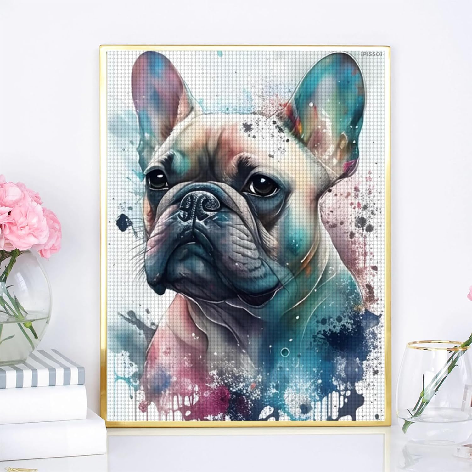 Christmas Dog Watercolor French Bulldog Diamond Painting Kits for Adults Beginner, DIY Diamond Art for Home Wall Decor Gifts, Full Drill Round Gem Art 12x16 inch for New Year, Valentine's Day Gifts