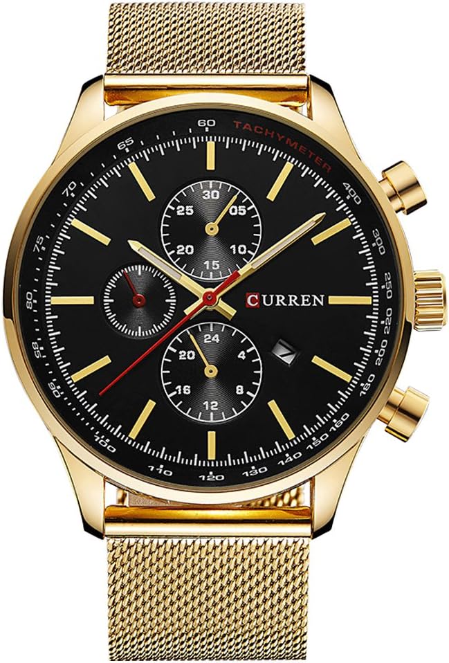 CURRENWatches Mens Luxury Stainless Steel Quartz Watch Men Casual Waterproof Clock Date Sport Wristwatch (Gold Black)