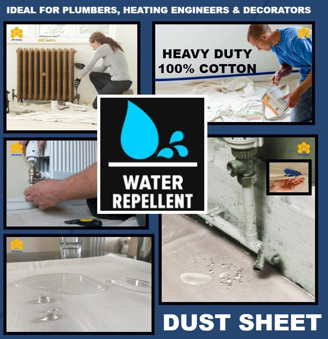 Cotton Dust Sheets - Water Repellent - for Plumbers, Heating, Gas Boiler Engineers, Central Heating Installers, Painters, Decorators & Builders (Water Repellent, 6ft x 5ft)