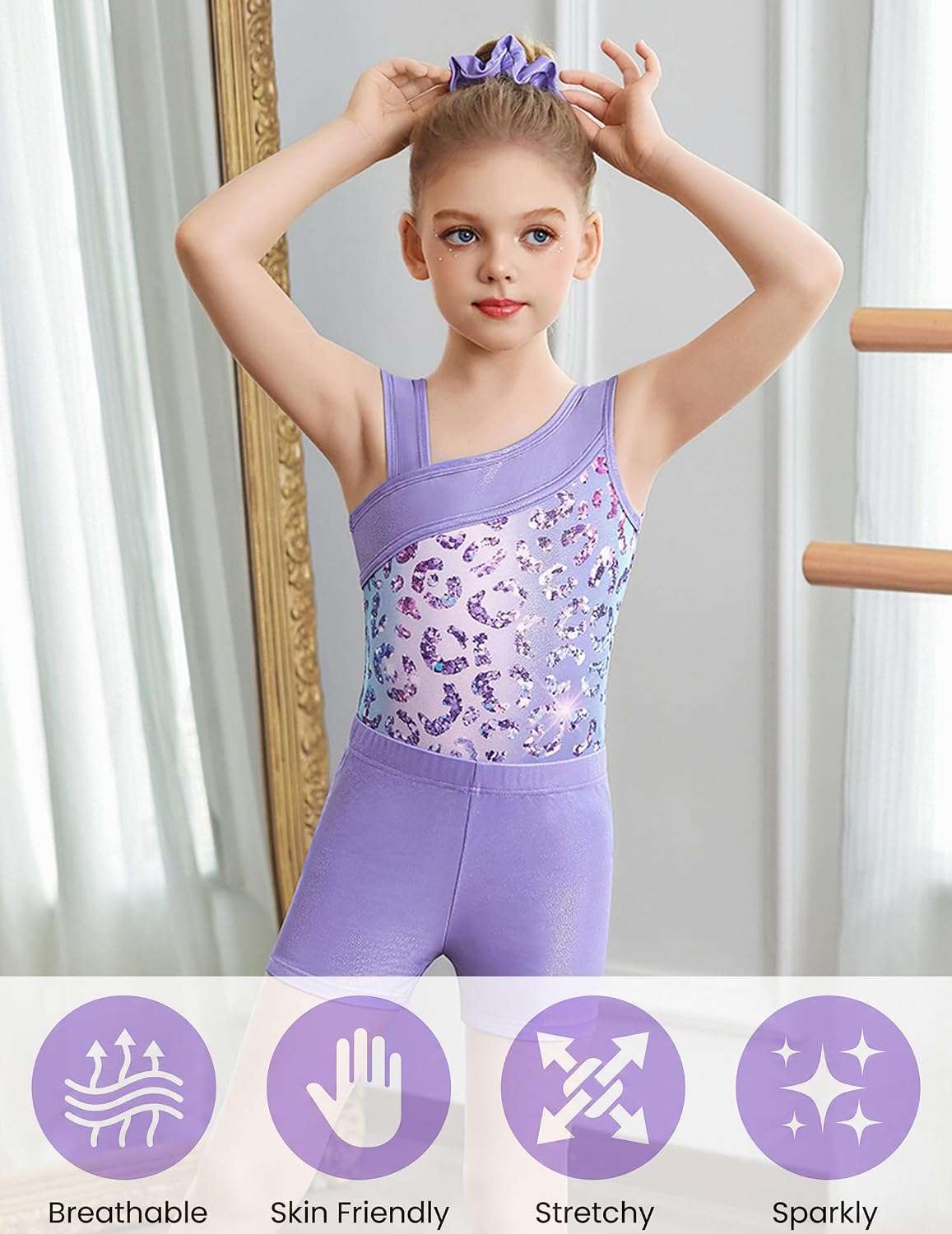 Zaclotre Girls Gymnastics Leotards Sparkly Dance Unitards with Gym Shorts