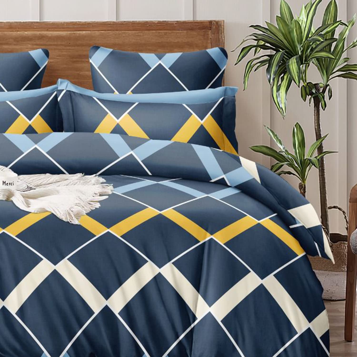INDULGE HOMES 100% Italian Cotton Bedsheets High Pitching 250 Thread Count Bedsheet, FHD Geometrical Design with Pillow Covers (Single, Blue Square)