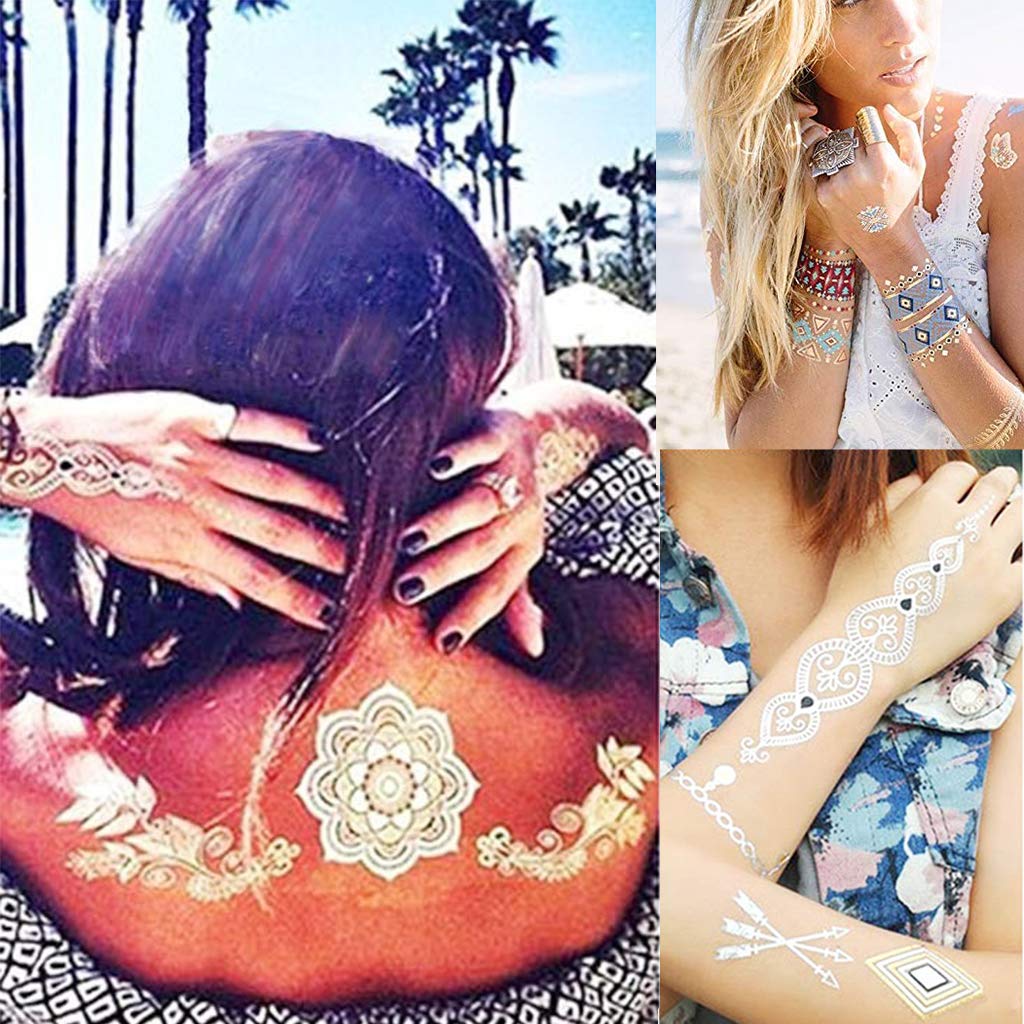 CARGEN 9 Sheets Mandala Metallic Tattoos Gold Tattoos Temporary Body Stickers Fake Tattoos for Women Sexy Tattoos for Women