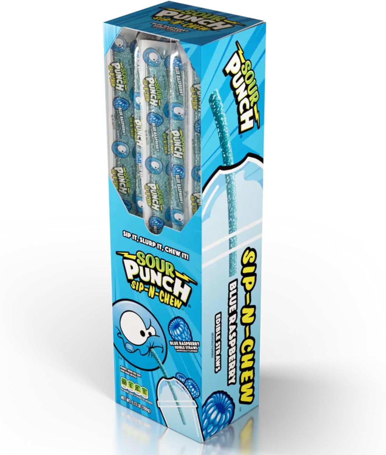 Sour Punch Sip-N-Chew Candy Straws, Blue Raspberry Flavor, 30 Count (0.9 oz Each) – Edible Drinking Straws, Individually Wrapped, Sweet & Sour Chewy Candy, Party & Snack Pack