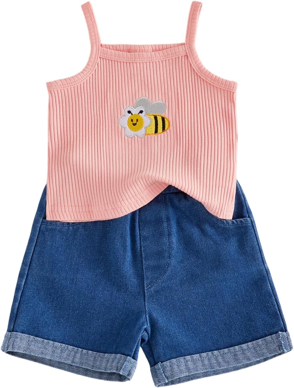 FYBITBO Toddler Girl Clothes Baby Summer Ribbed Halter Tank Top Sleeveless Shirt Jeans Shorts Little Girls Outfit Set