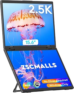 ZSCMALLS 2.5K Dual MonitorWins Only, Triple Laptop Screen Extender, 15.6" QHD Folding Stacked Portable Dual Monitor, USB C Travel Extended Computer Display, 180Rotation, Plug & Play for Laptops