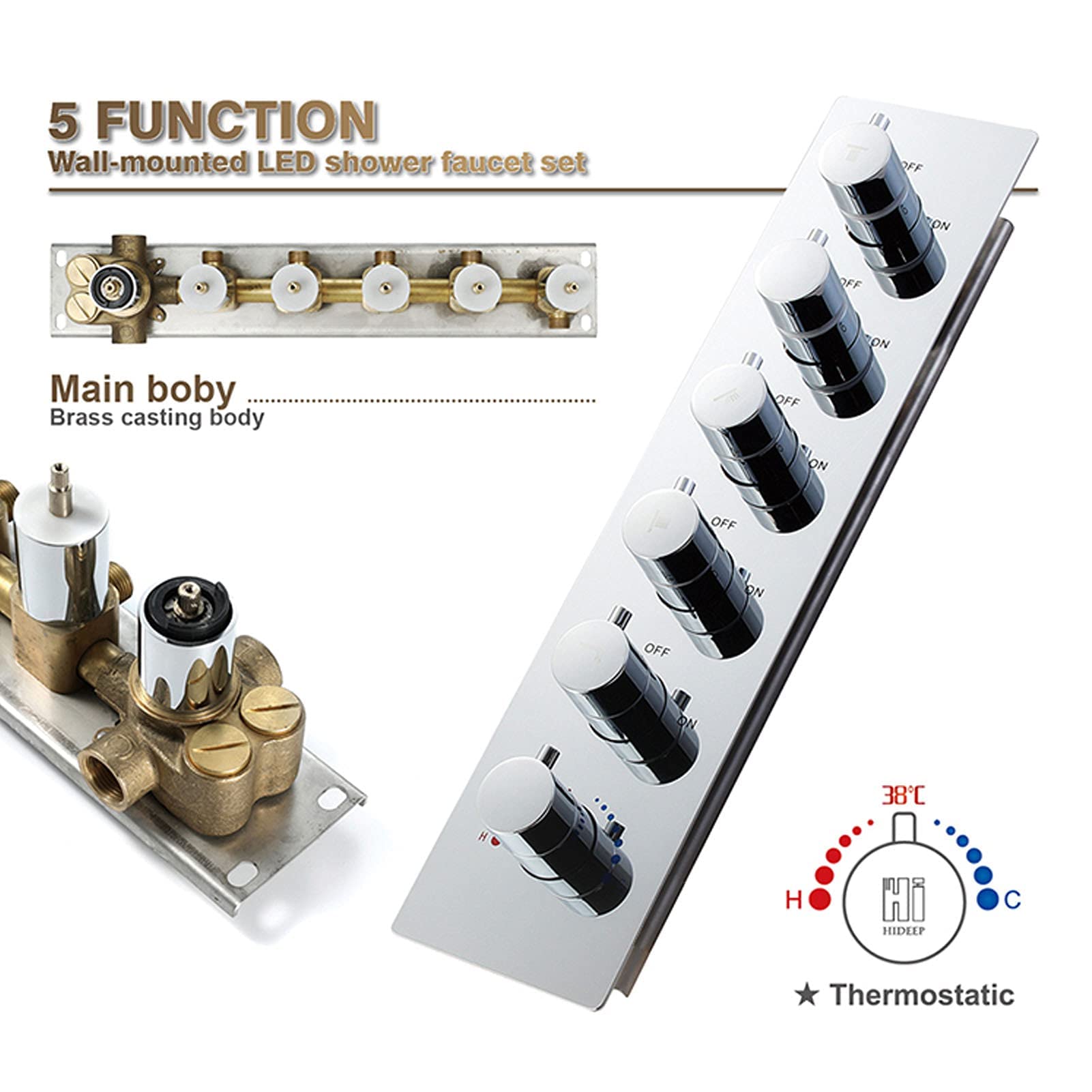 Music - Sistemas de ducha LED, cabezal de ducha LED de 60 x 80 cm, neblinoso, cascada, lluvia, grifos de ducha termostáticos de 4 funciones con chorro de cuerpo de ducha, control remoto (control