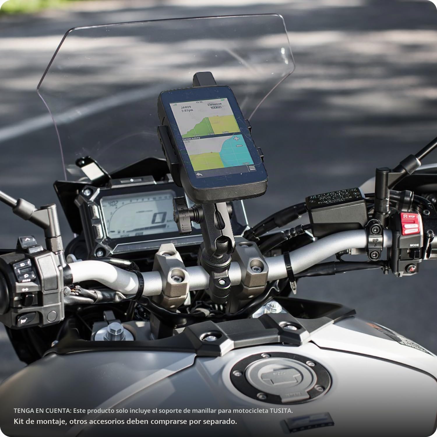 TUSITA Motocicleta GPS Soporte Compatible con Garmin Montana, Zumo XT - Base de Manillar con Brazo de Doble Enchufe Mediano