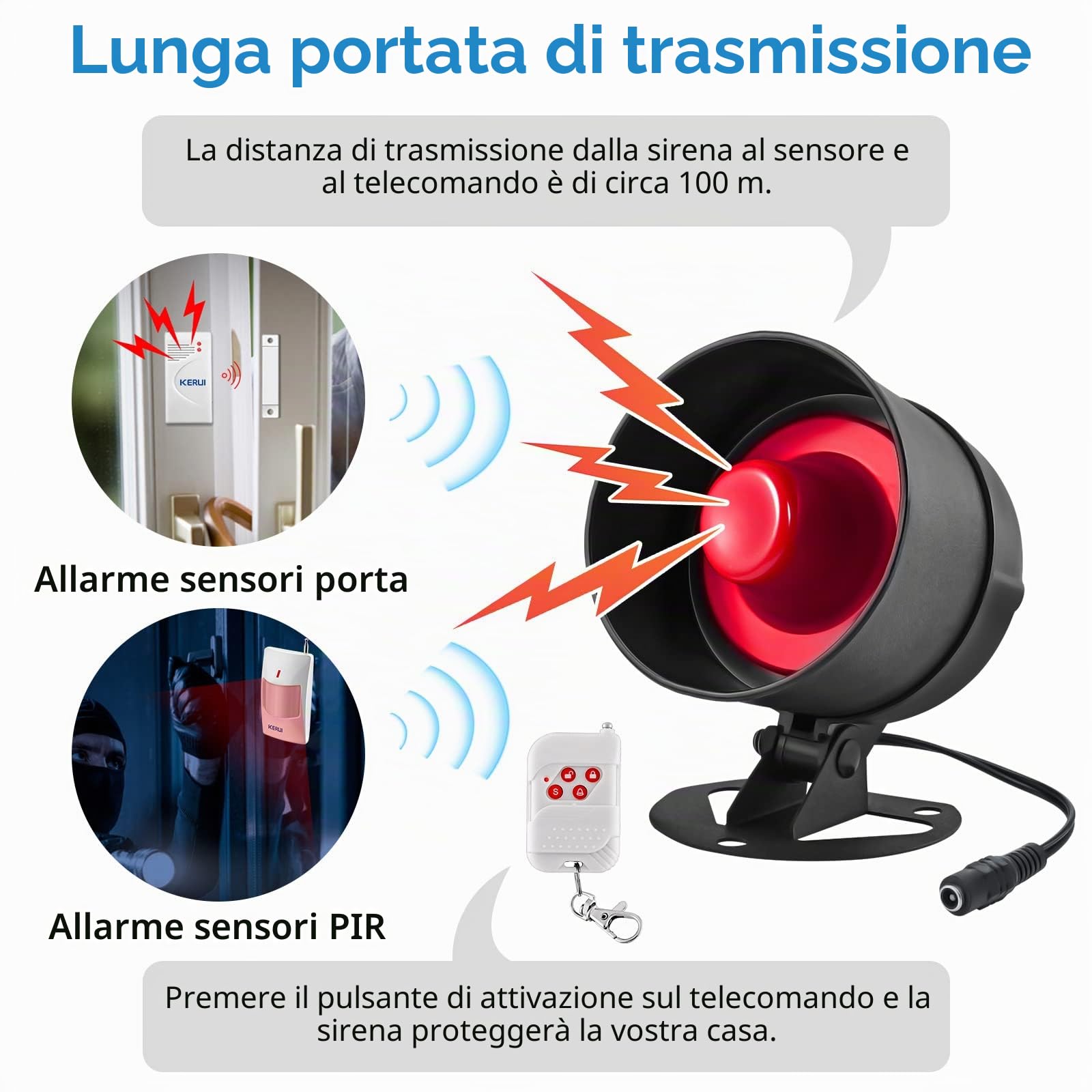 KERUI Allarme Casa Senza Fili, Ring Alarm Ultra Forte con 4 Allarme Porta 2 Telecomando 2 Sensore Movimento 1 Corno da Sirena, Antifurto Casa per Garage, Magazzino, Finestre, Camper, Shed