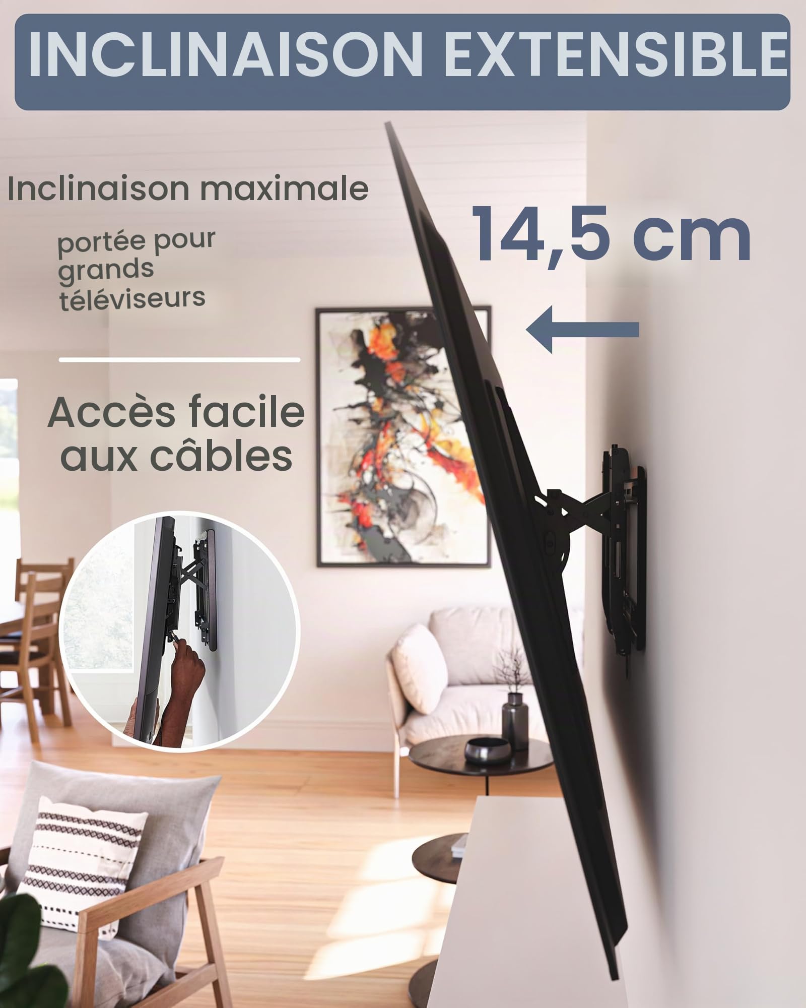 SANUS Support mural inclinable pour grands téléviseurs jusqu'à 90", ajustement universel – Extension lisse de 14,5 cm pour gestion des câbles – Matériel et gabarit de perçage inclus