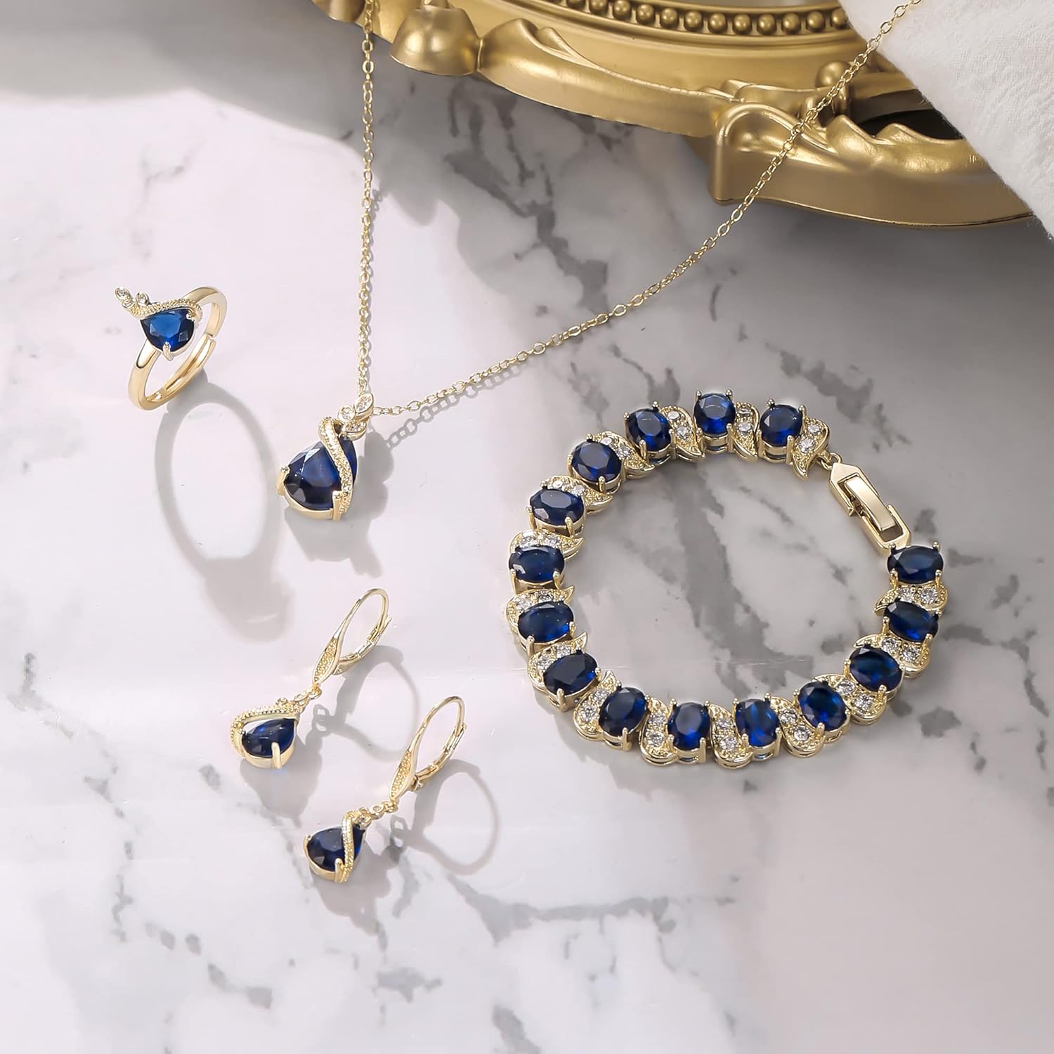 BriLove Jewelry Set for Bride, Sparkling Water Drop Cubic Zirconia Crystal Pendant Necklace Leverback Earrings Tennis Bracelet Adjustable Ring Gift for Wedding/Birthday/Mother's Day/Christmas - Image 5