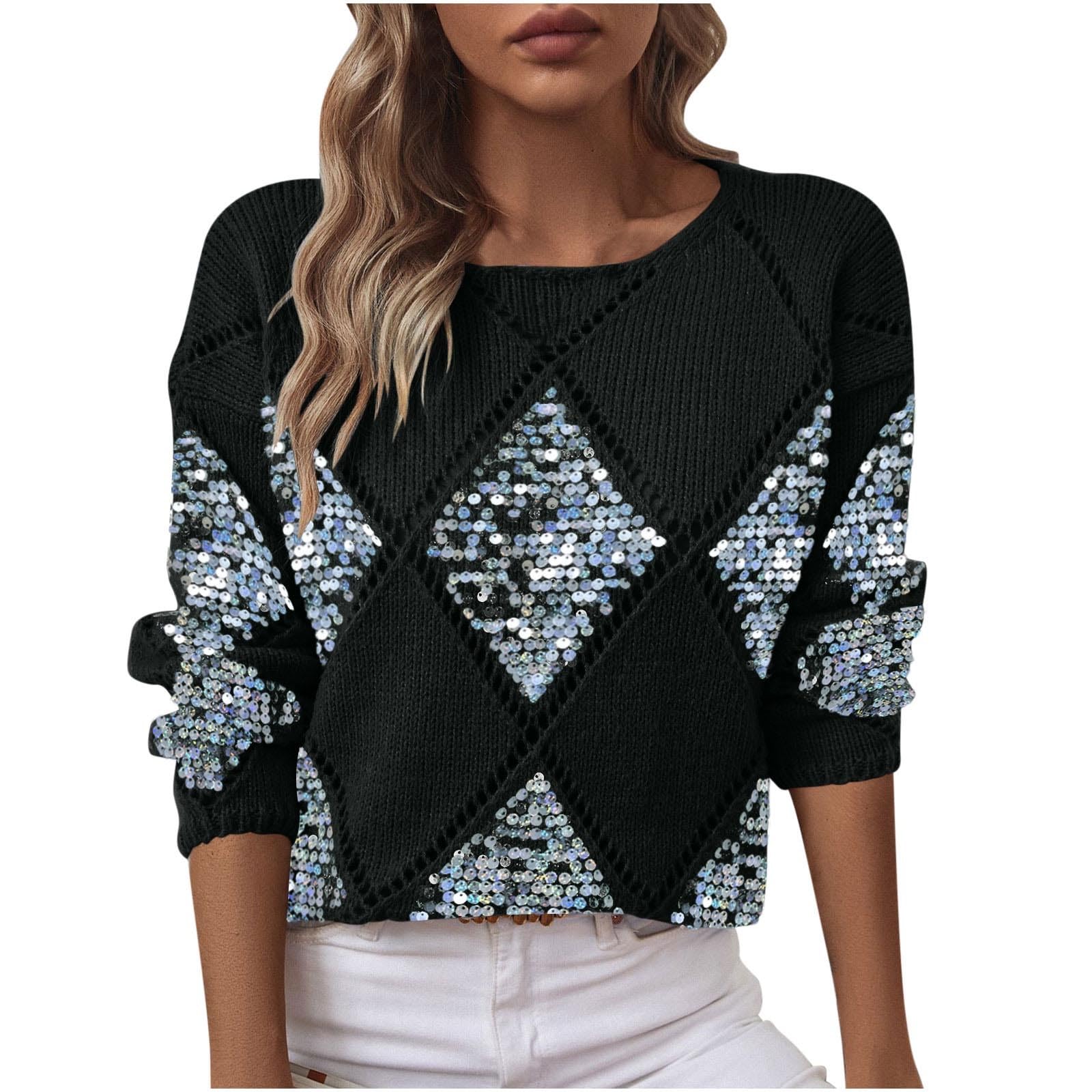 Womens Sequin Sweater Sparkly Glitter Tops Winter Fall Shirts Long Sleeve Loose Knit Pullover Party Holiday Outfit