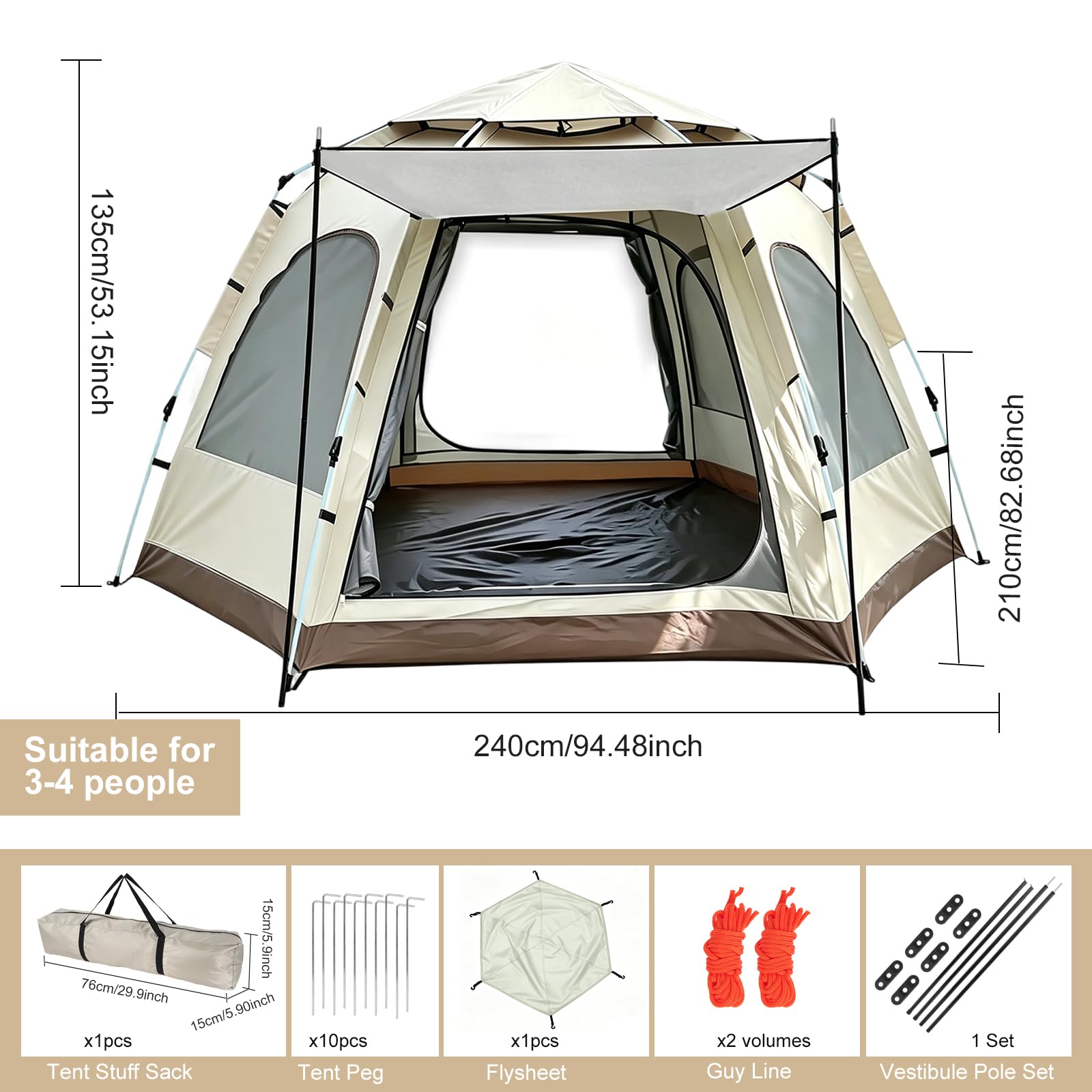 Zelt für 2-3 Personen, Pop Up Campingzelt mit Vorzelt | Automatisches Sekundenzelt mit Sonnenschutz & wasserdicht, Familienzelt für Camping Wandern & Trekking