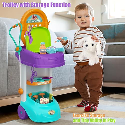 Miniatura 3 de UNIH Kit de carrito de médico para niños de 3, 4, 5, kit veterinario para niños, juego médico de simulación para niños pequeños y niñas, 18 juguetes