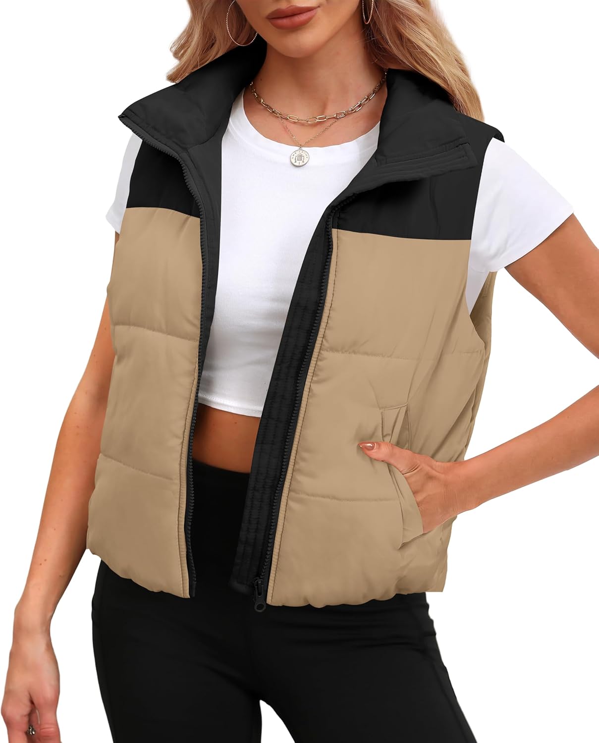 SAMPEEL Puffer Vest Women Cropped Stand Collar Lightweight Padded Outerwear Fall Winter Clothes Warm Zip Up with Pockets
