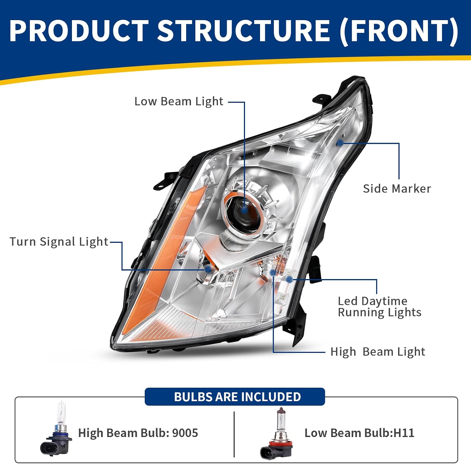 AUTOSAVER88 Projector Headlights Assembly Compatible with 2010-2013 2010 2011 2012 2013 Cadillac SRX Headlamp Replacement Chrome Housing Clear Lens Amber Reflector Pair w/Bulbs, w/Wiring Harness