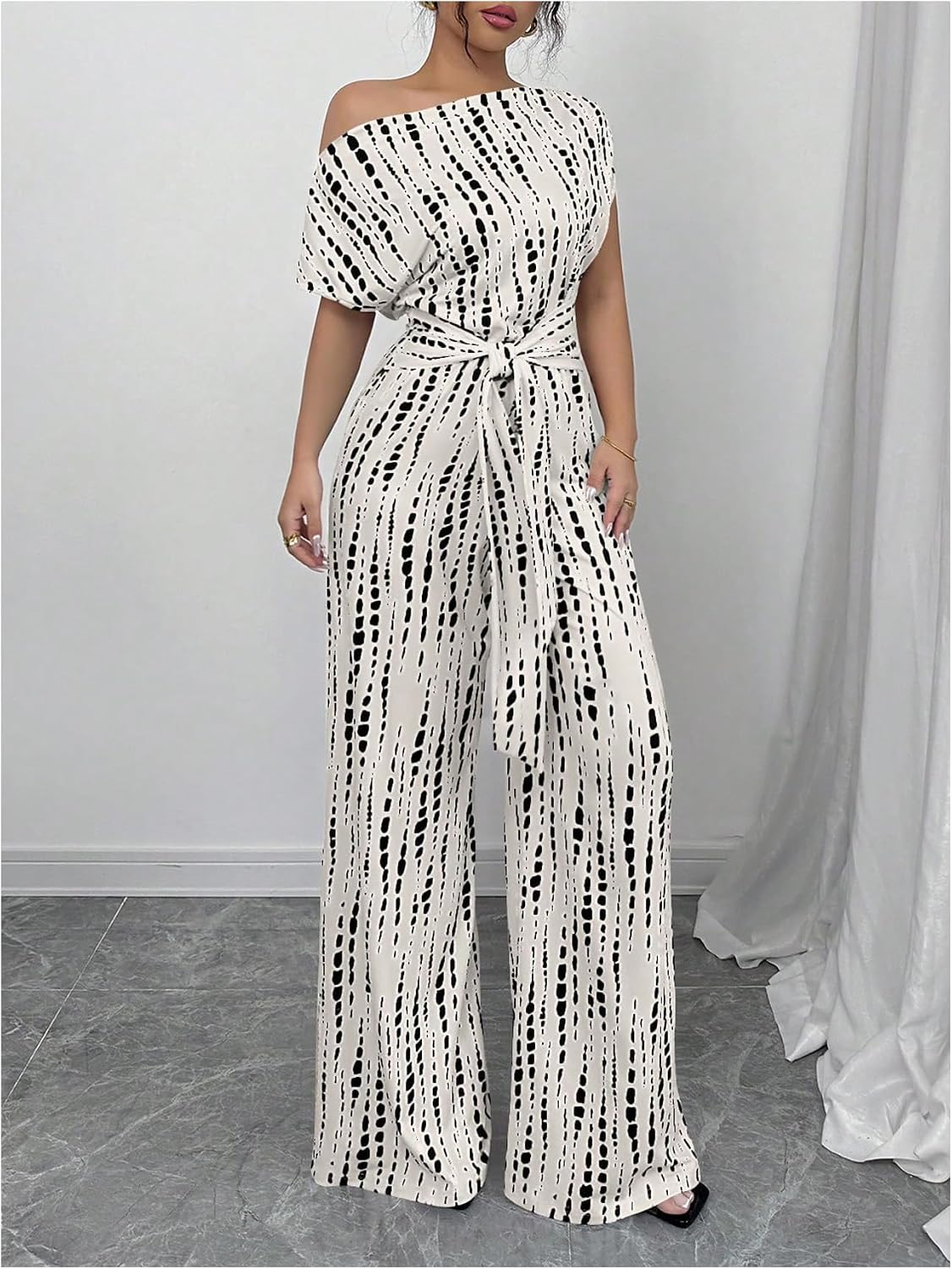 SOLY HUX Women's Allover Printed Asymmetrical Neck Romper Elegant Tie Front Wide Leg Jumpsuits