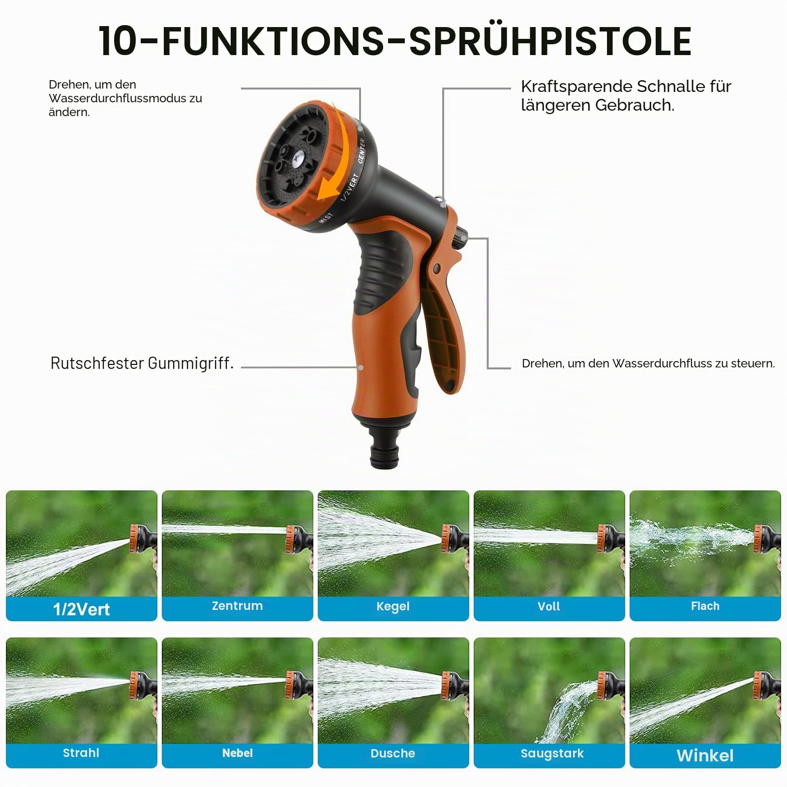 Flexibler Gartenschlauch 74FT/22,5M - Strapazierfähiger Wasserschlauch Flexibel mit 10-Funktions Gartenbrause, 1/2 Zoll, 3/4 Zoll Schlauchadapter, Gartenschlauch für Autowäsche Garten Haustier