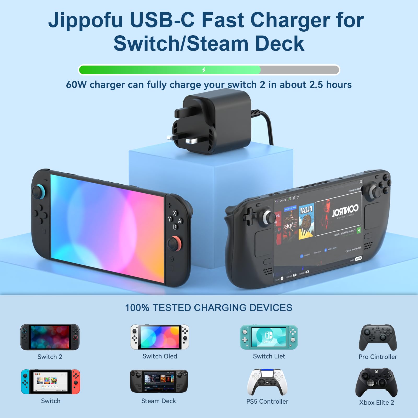60W PD Charger Compatible with Nintendo Switch 2/Switch OLED/Lite/Dock Station/Steam Deck/Pro Controller Supports TV Mode All-in-One NS Fast Charger with 1M USB C Cable — view 6