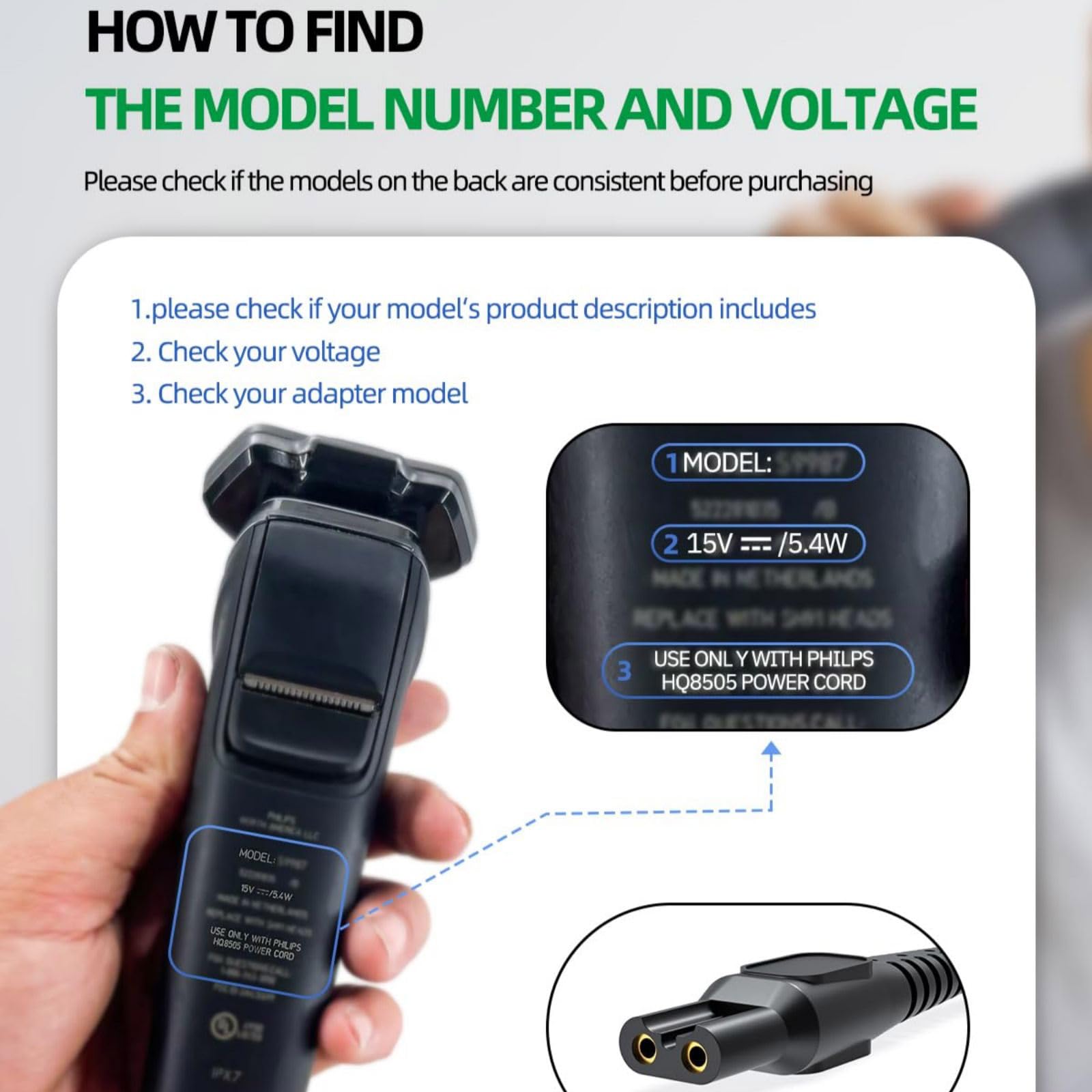 DAGIJIRD Power Cord Replacement for Norelco HQ8505 9000 7000 5000 3000 Series Clipper