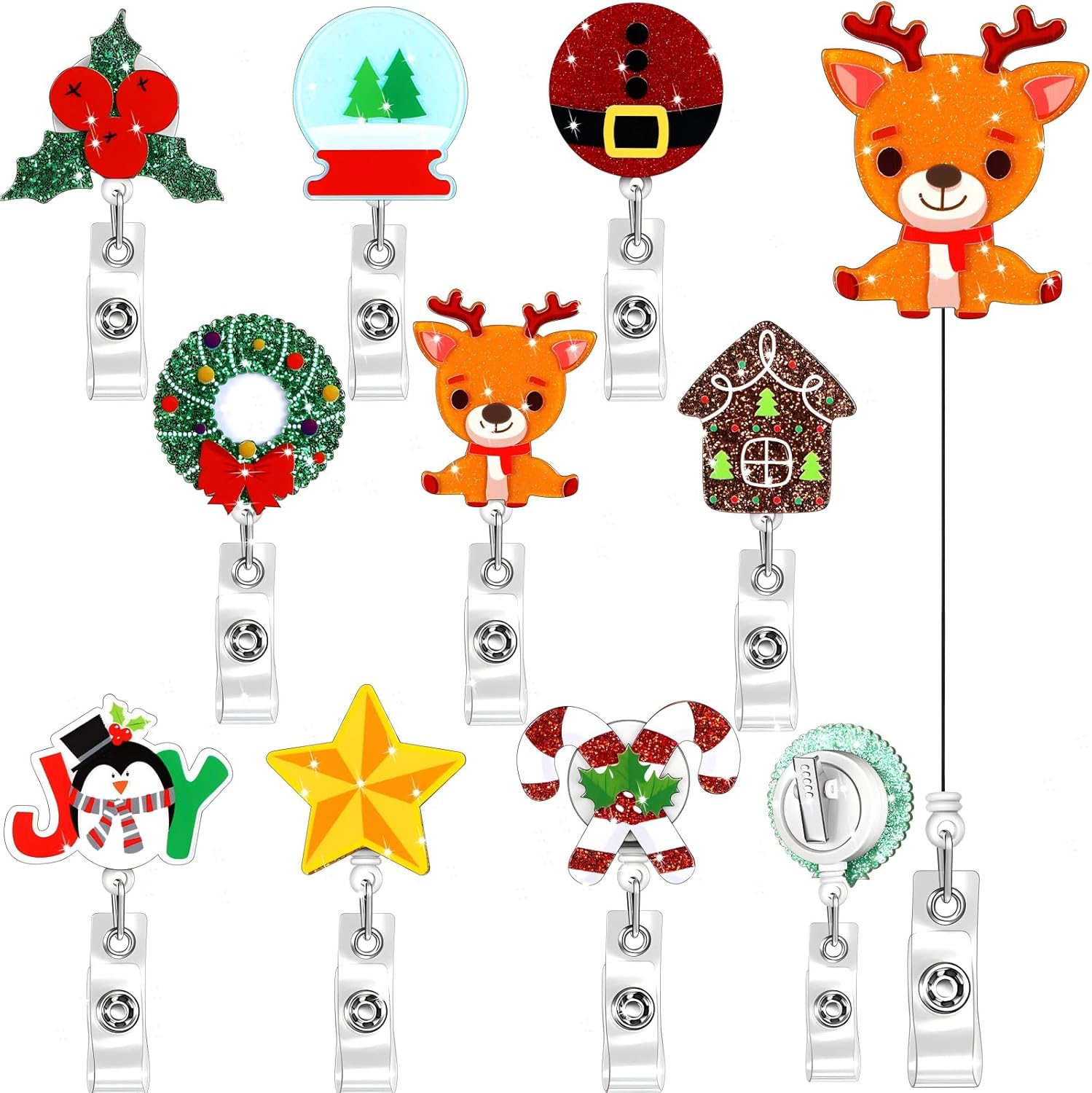 9 Pieces Christmas Badge Reel Holder Elk Retractable Nurse Badge Reel Bling Glitter Holiday Badge Reels Christmas Tree Cute Acrylic ID Name Badge Holder with Alligator Clip for Office Nurses Doctors