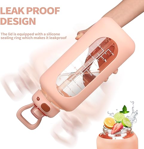 Miniatura 4 de SIEROZUR Botella de agua de vidrio de 64 onzas con pajilla, botella de agua motivacional deportiva de medio galón con funda de silicona y marcador