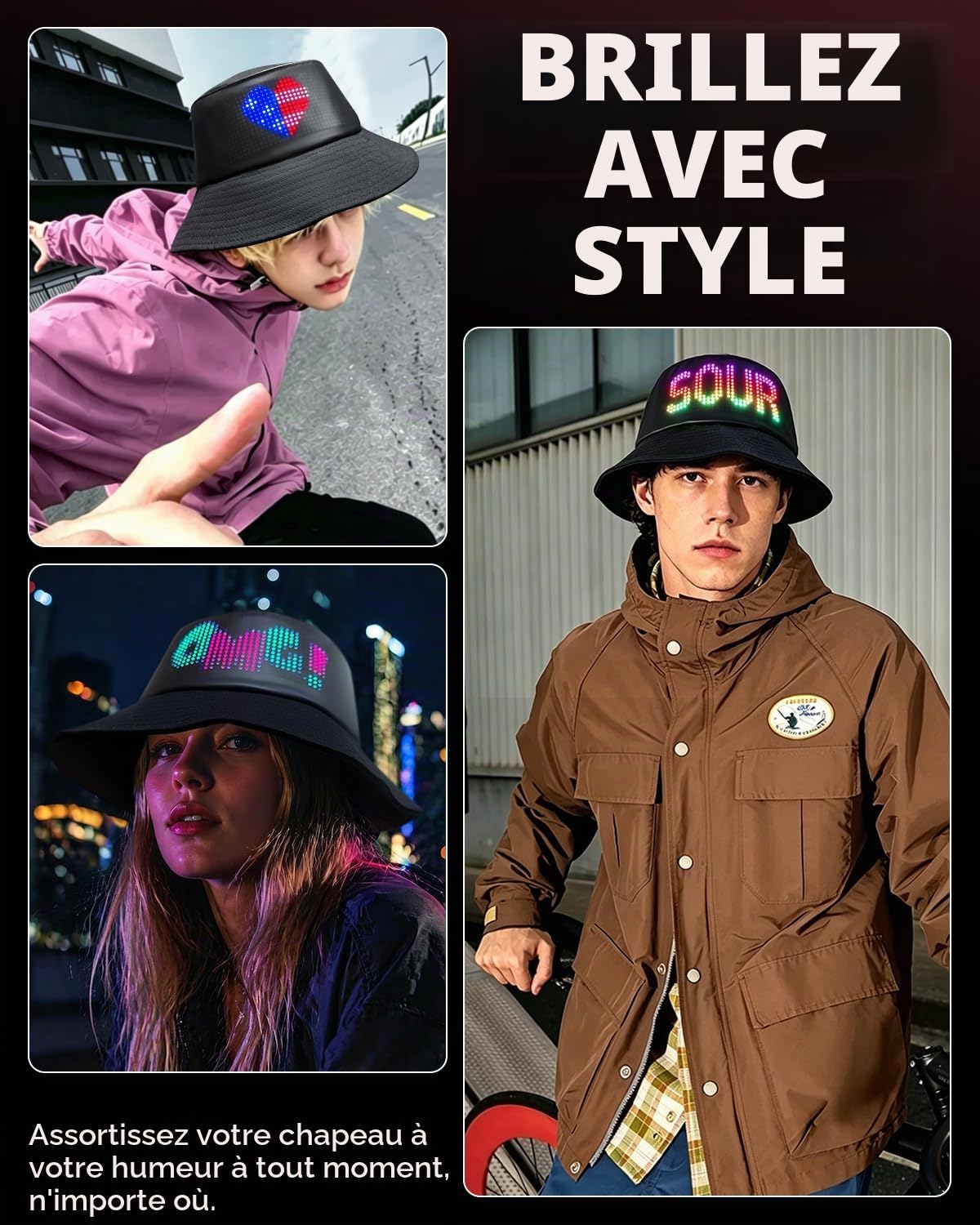 Chapeau de pêcheur LED programmable - Contrôle par application Bluetooth - Avec affichage pour vos propres textes - Pour festival, fête, course à pied, rechargeable par USB