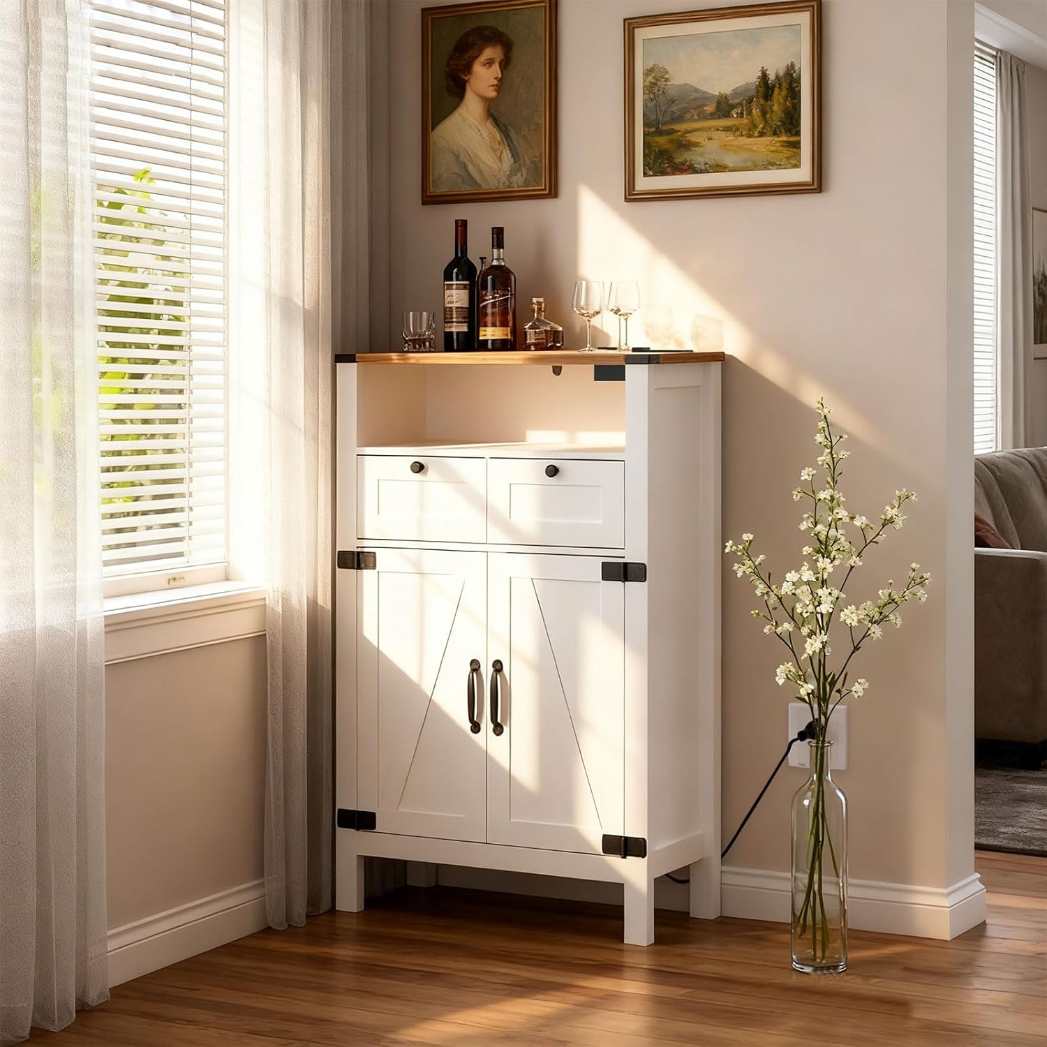 Farmhouse Storage Cabinet with Outlets, 23.8W Bathroom Floor Cabinet Small Kitchen Pantry Storage Organizer with Drawer, Adjustable Shelf for Laundry, Entryway, Coffee Bar (White)