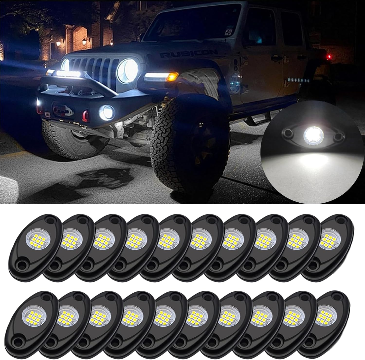 20 Pods Aluminium Metal LED Under Glow Lights with 6500K Pure White, Rubber Mounting Pads, IP67 Waterproof Rock Lights for Trucks, Trailers, Cars, SUVs, ATVs, UTVs, Boats