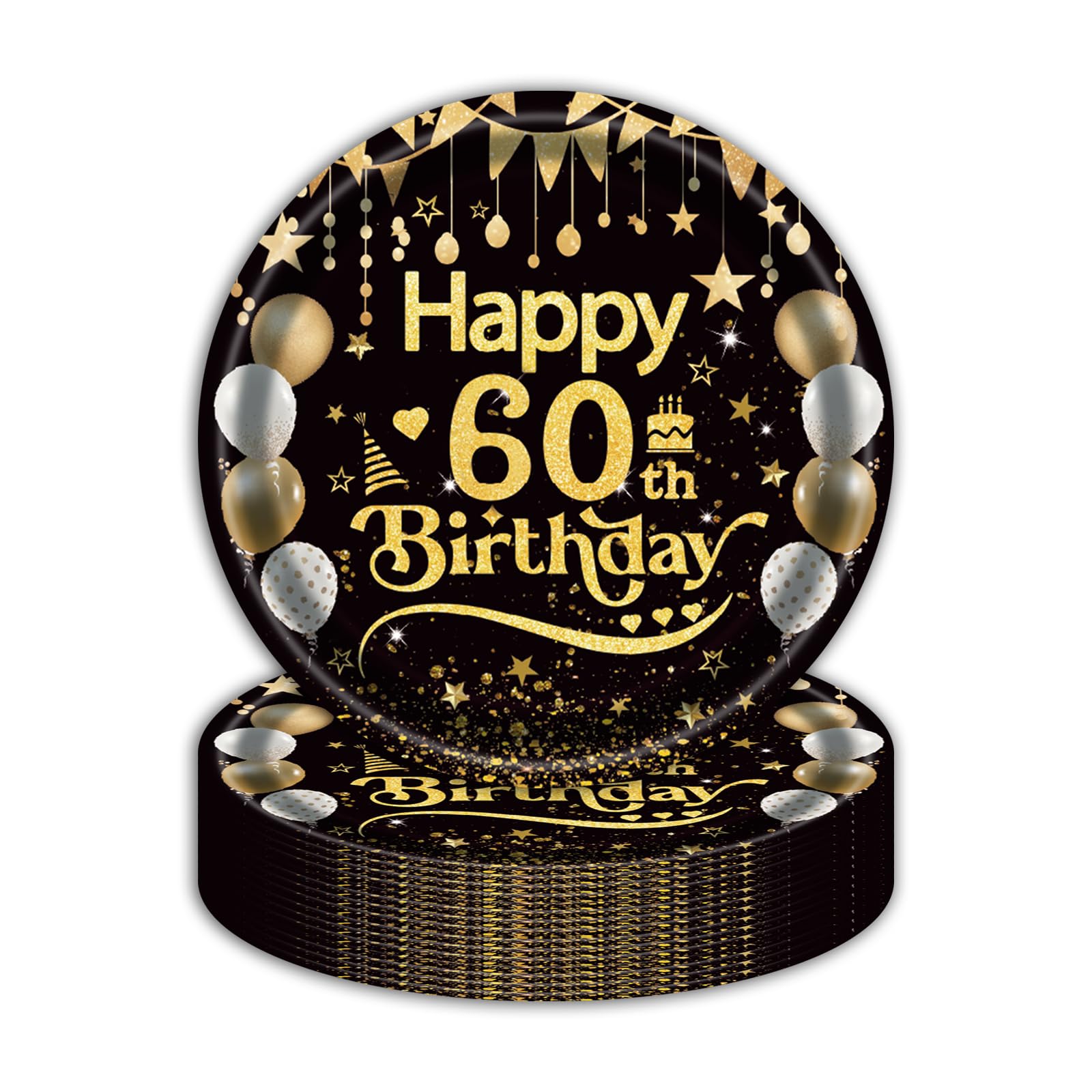 EVYIENEN 50Pcs 60th Birthday Party Paper Plates,7inch Disposable Black and Gold Dessert Party Plates Party Decorations for Men Woman 60th Happy