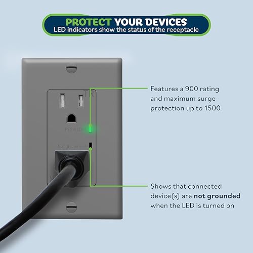 Miniatura 2 de TOPGREENER Receptáculo protector de sobretensiones con indicador de puesta a tierra, seguro para niños, resistente a manipulaciones, autoconexión a